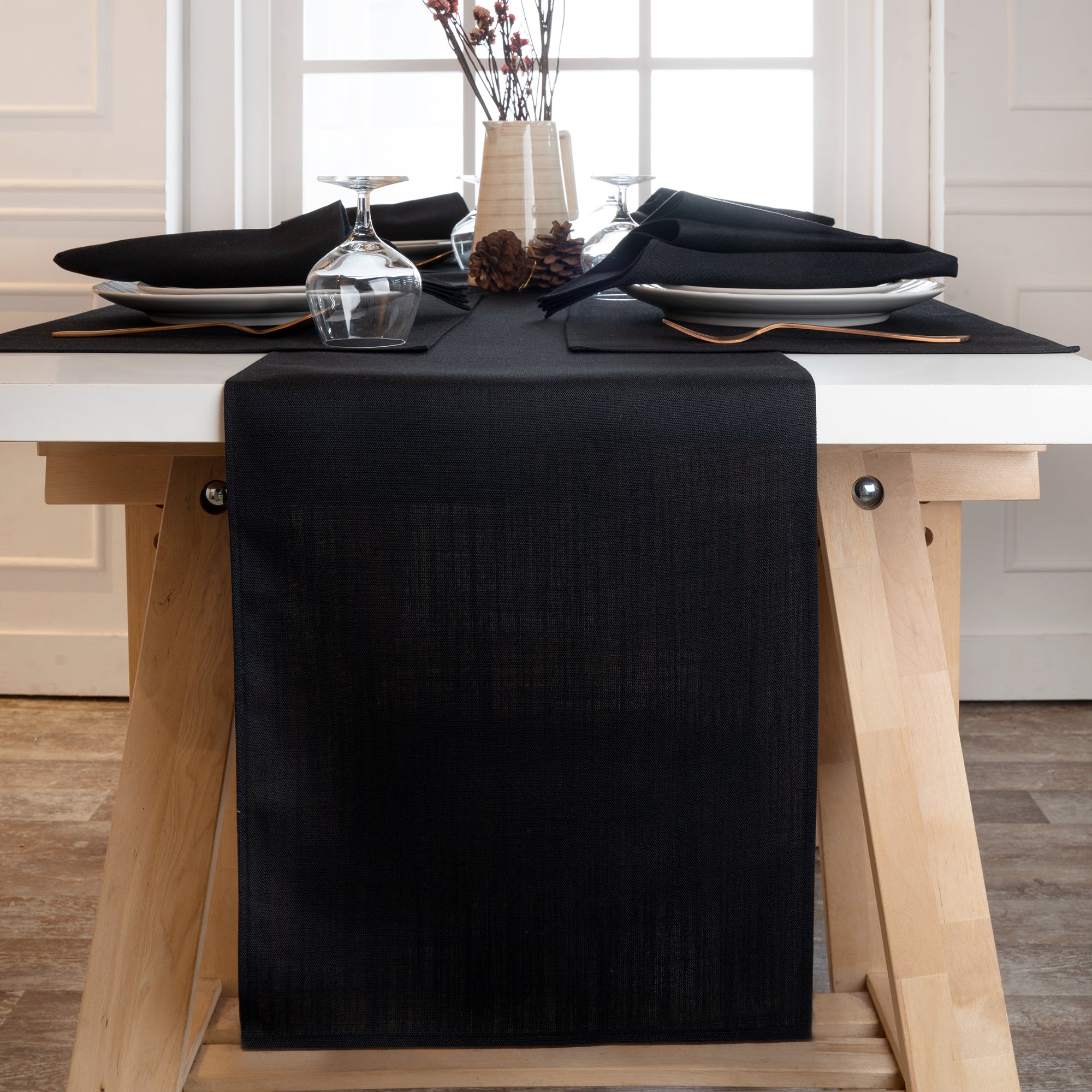 Black Table Runner, Faux Linen, Plain