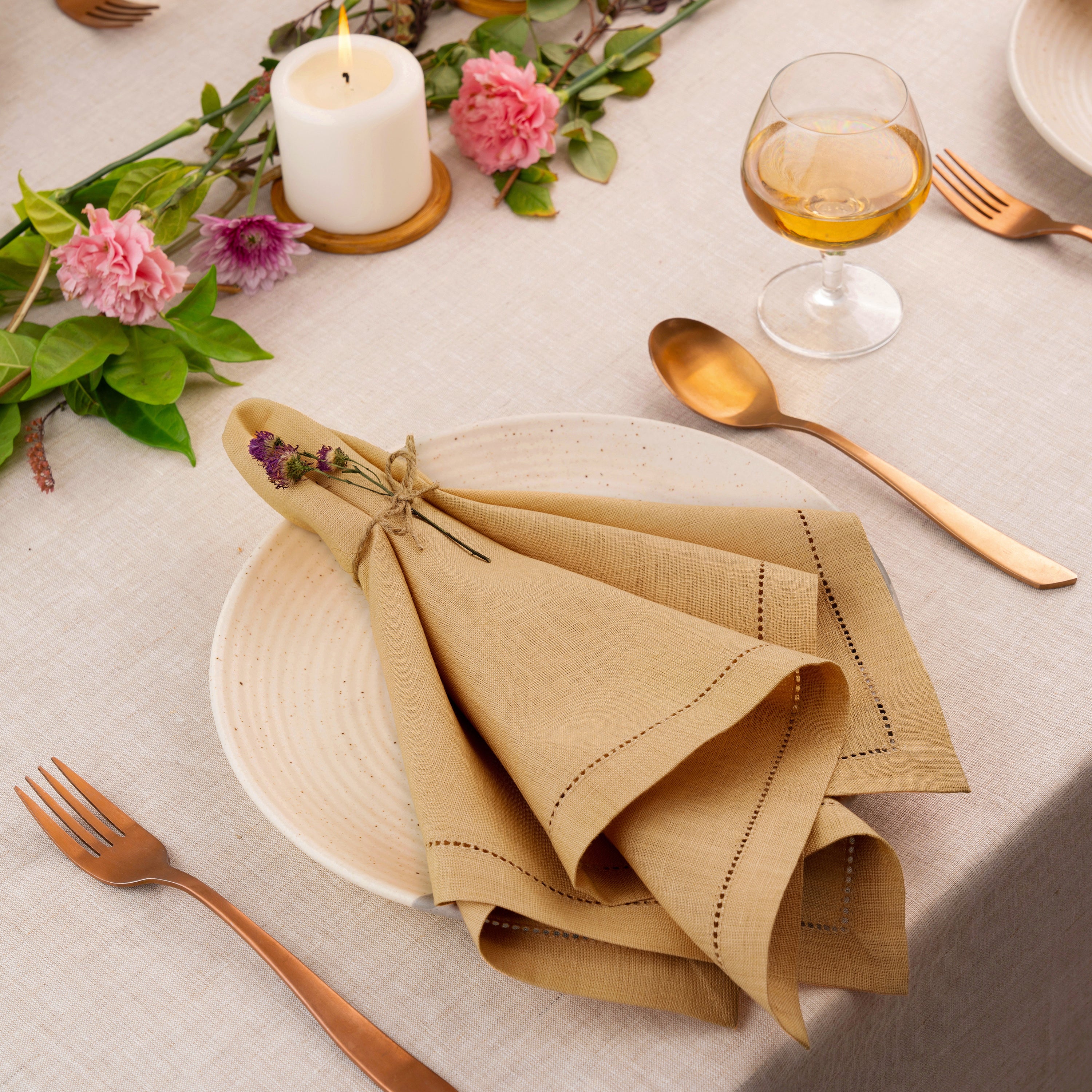 Beige Linen Napkins, Hemstitch, 20 x 20 inch, 4 pcs