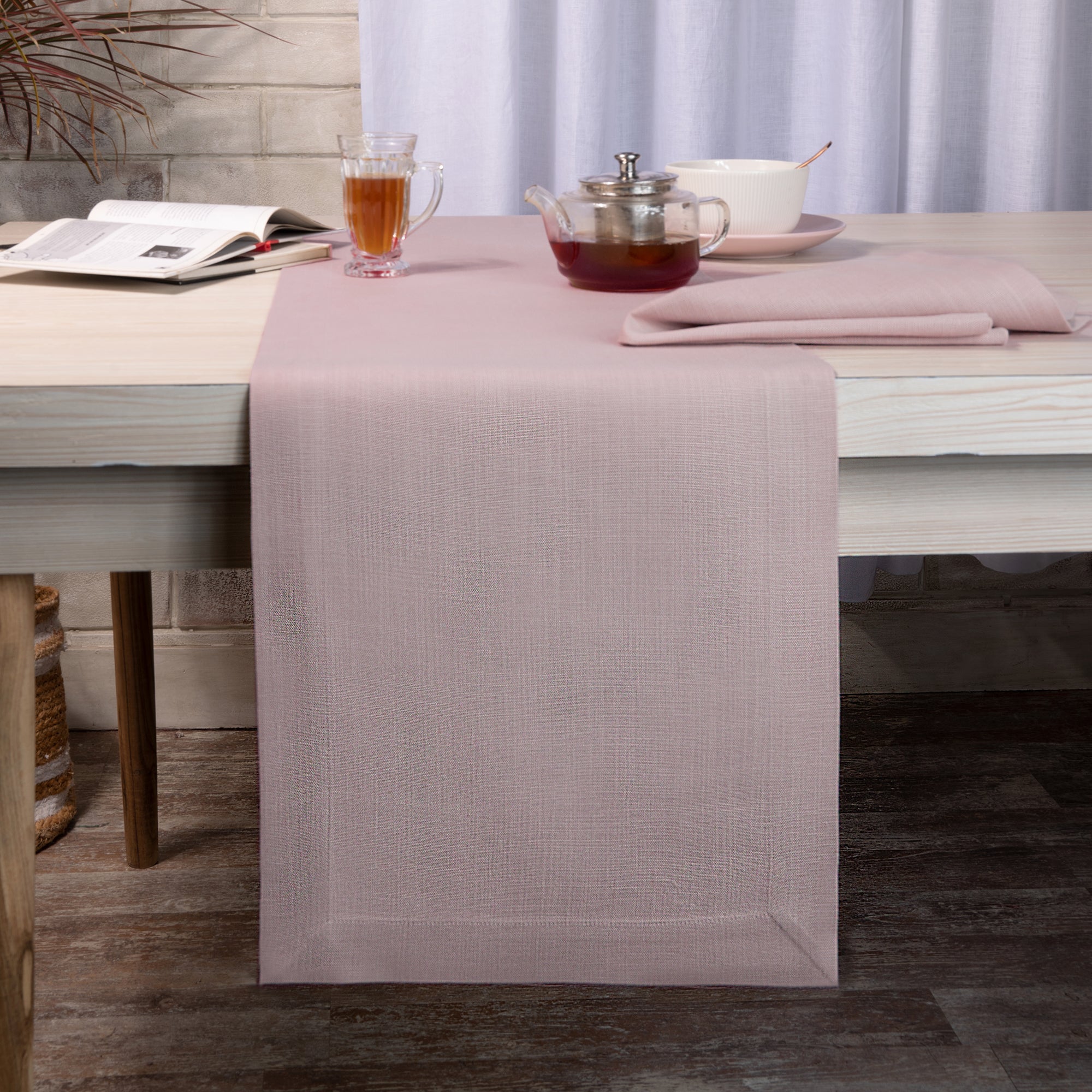 Beige Table Runner, Faux Linen, Mitered Corner