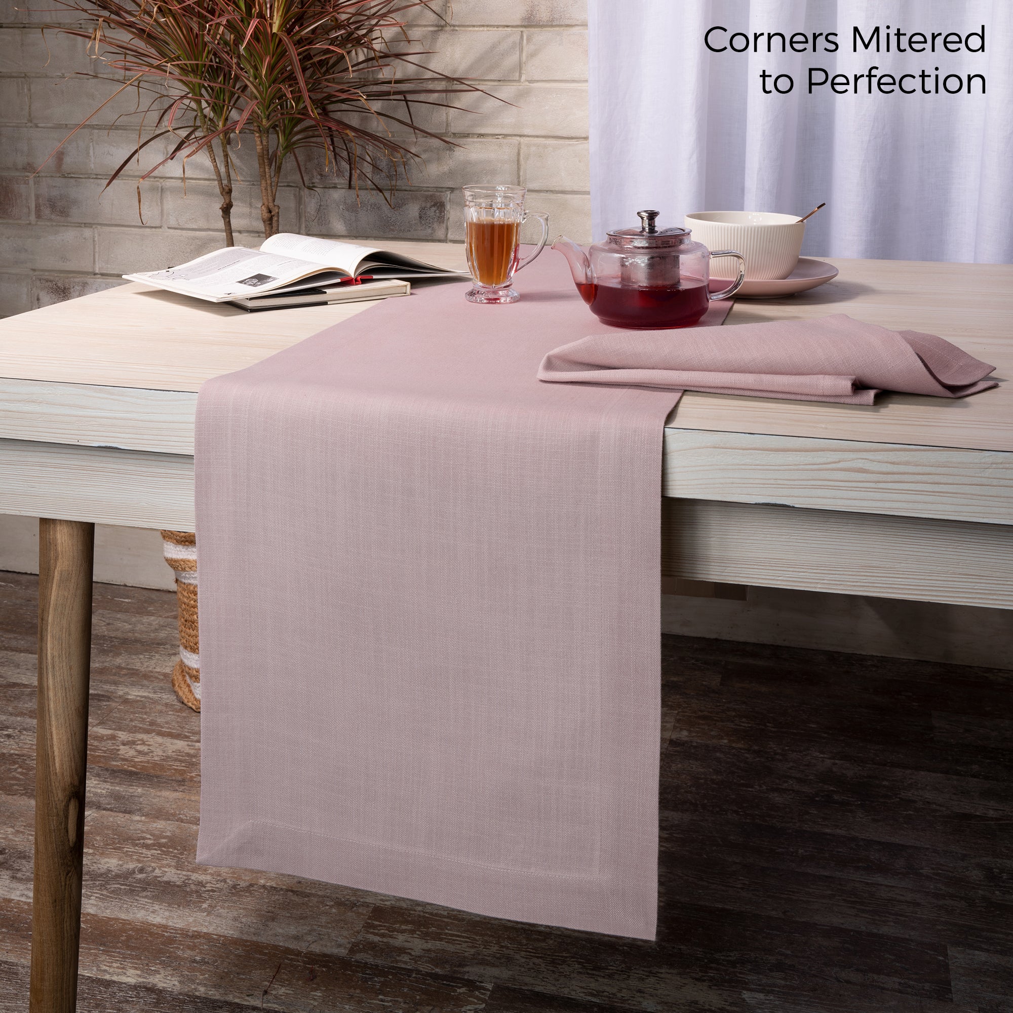 Beige Table Runner, Faux Linen, Mitered Corner