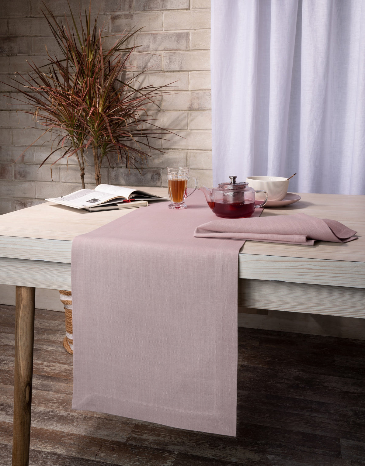 Beige Linen Textured Table Runner - Mitered Corner