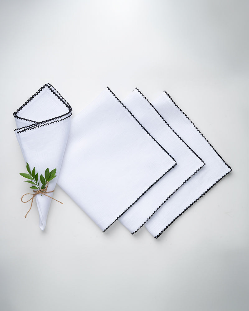 White & Black Linen Dinner Napkins 20 x 20 Inch Set of 4 - Whipstitch