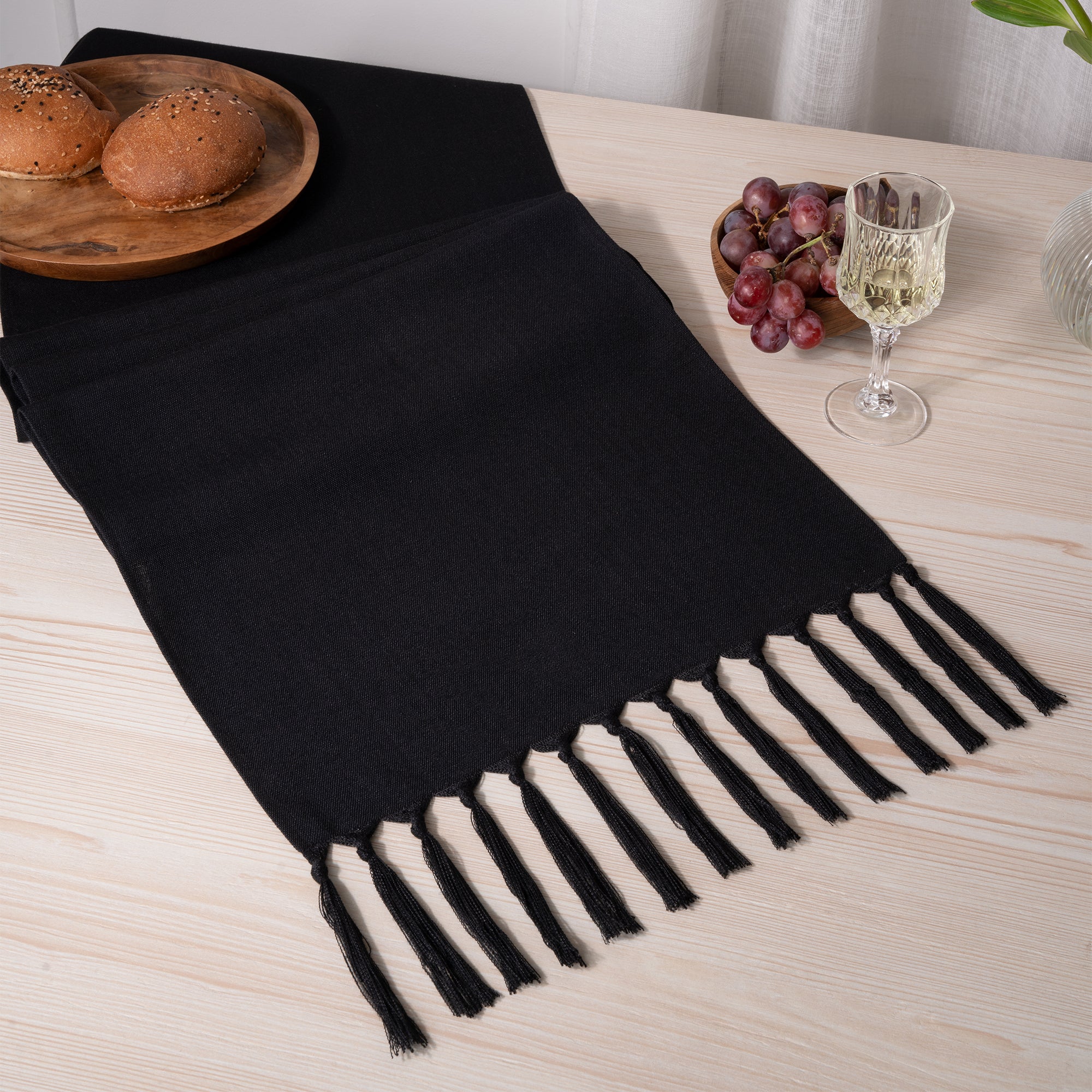 Black Table Runner, Faux Linen, Tassel