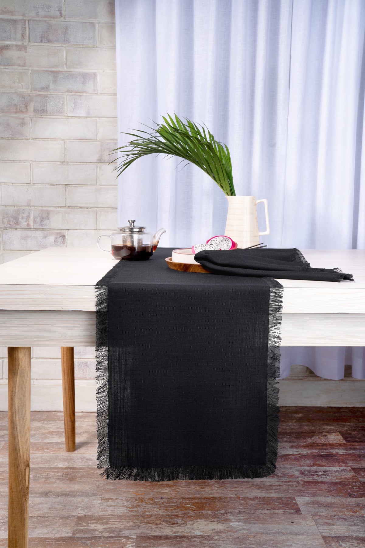 Black Linen Textured Table Runner - Fringe