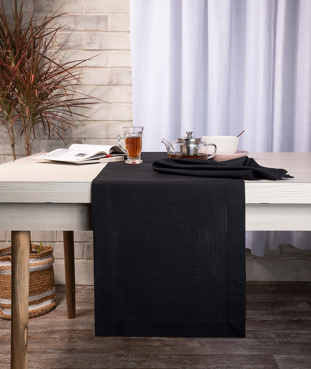 Black Linen Textured Table Runner - Mitered Corner