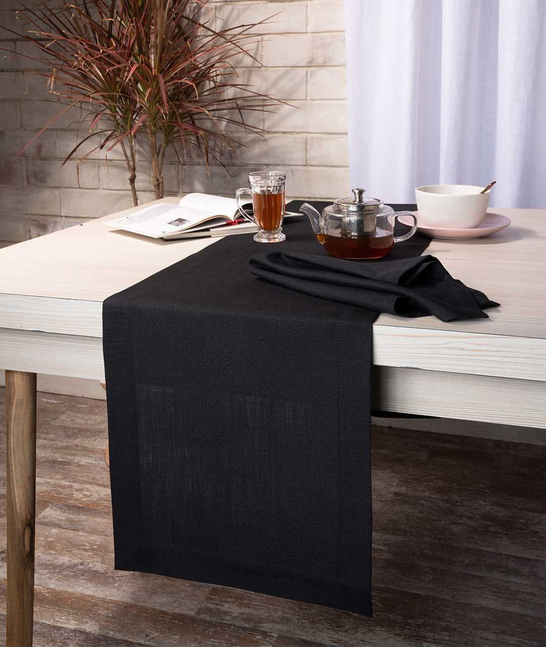 Black Linen Textured Table Runner - Mitered Corner