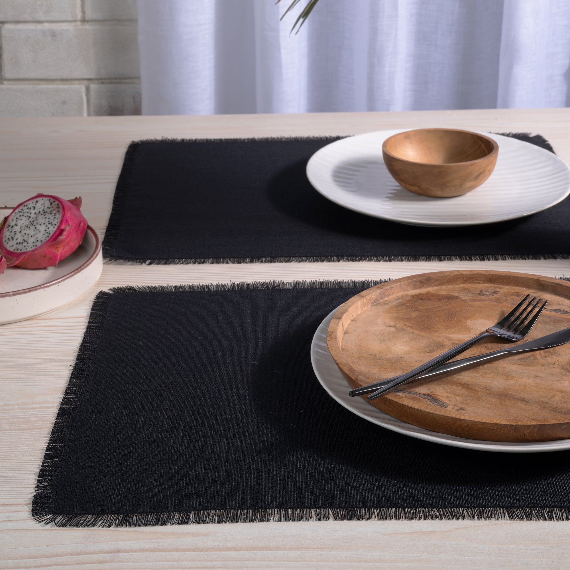 Black Faux Linen Placemats, Fringe, 14 x 19 inch, 4 pcs