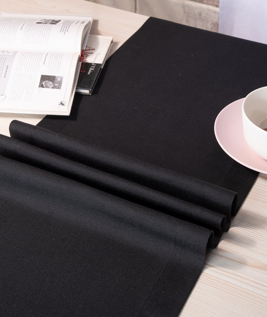 Black Linen Look Recycled Fabric Mitered Corner Table Runner