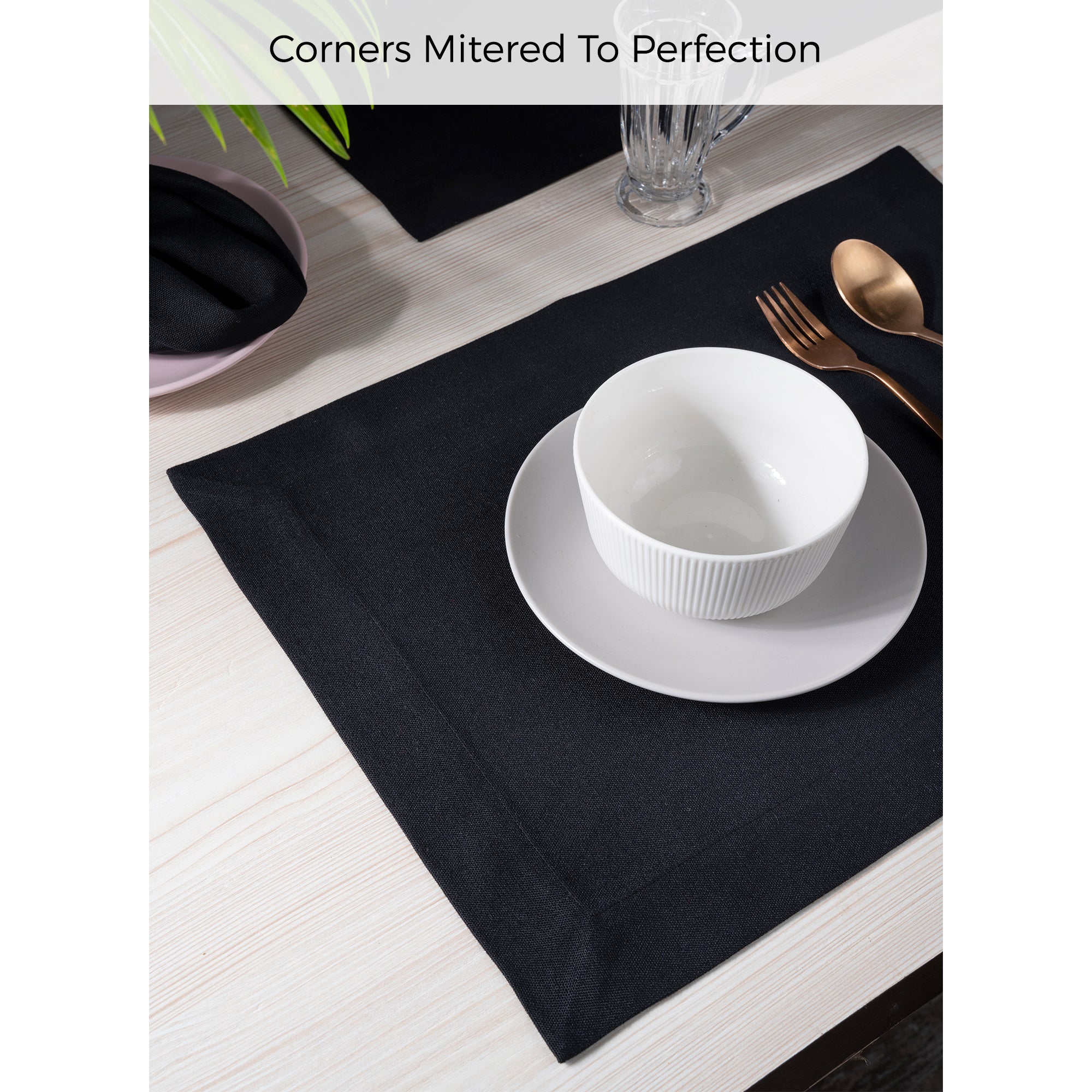 Black Faux Linen Placemats, Mitered Corner, 14 x 19 inch, 4 pcs