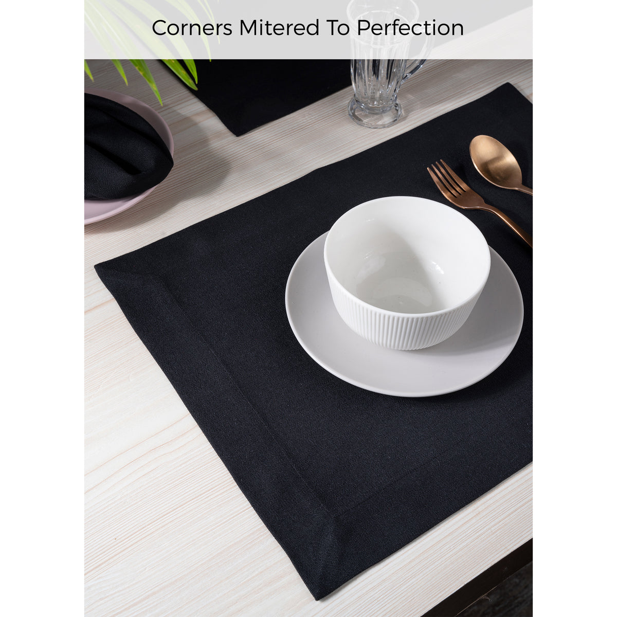 Black Faux Linen Placemats 14 x 19 Inch Set of 4 - Mitered Corner