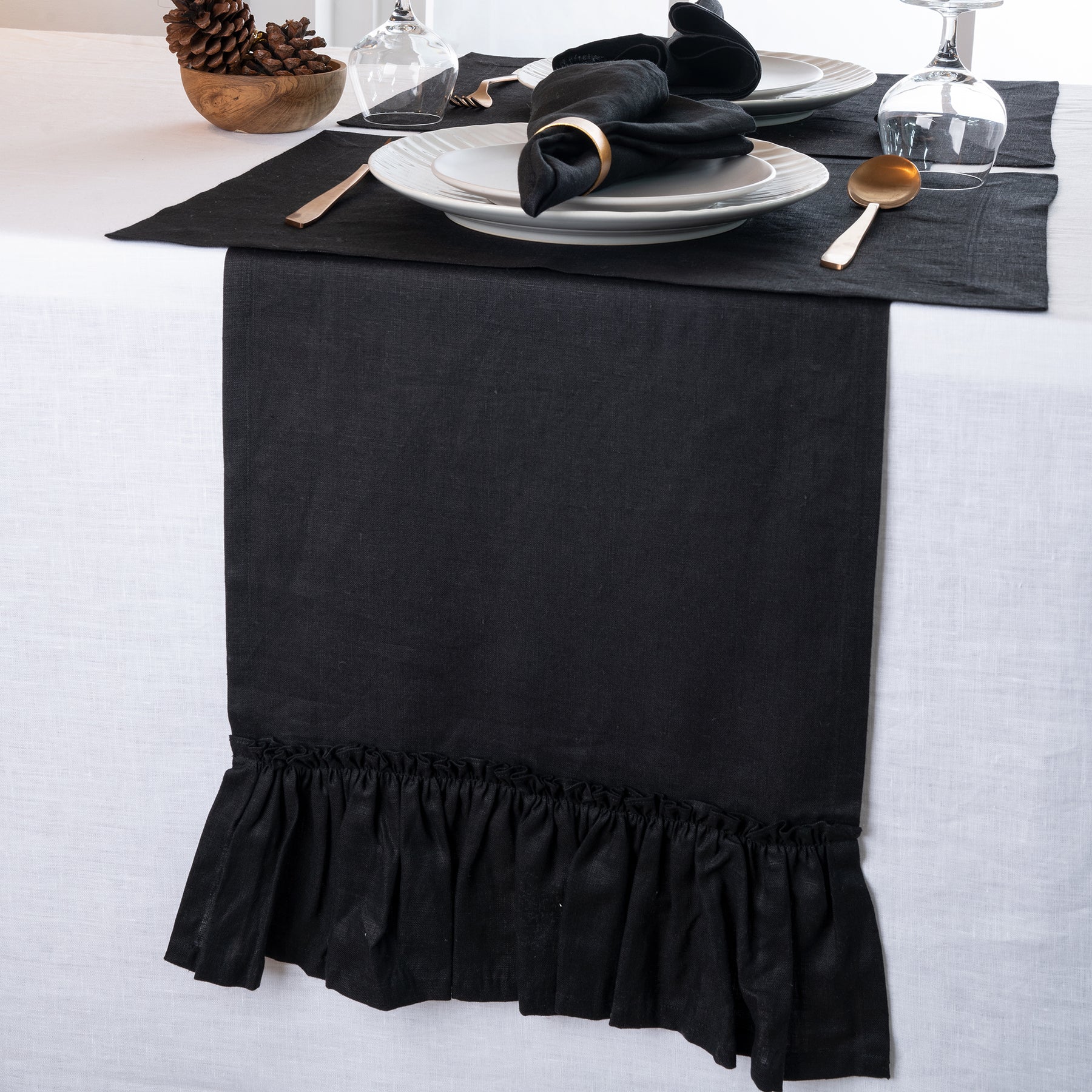 Black Linen Table Runner - Ruffle