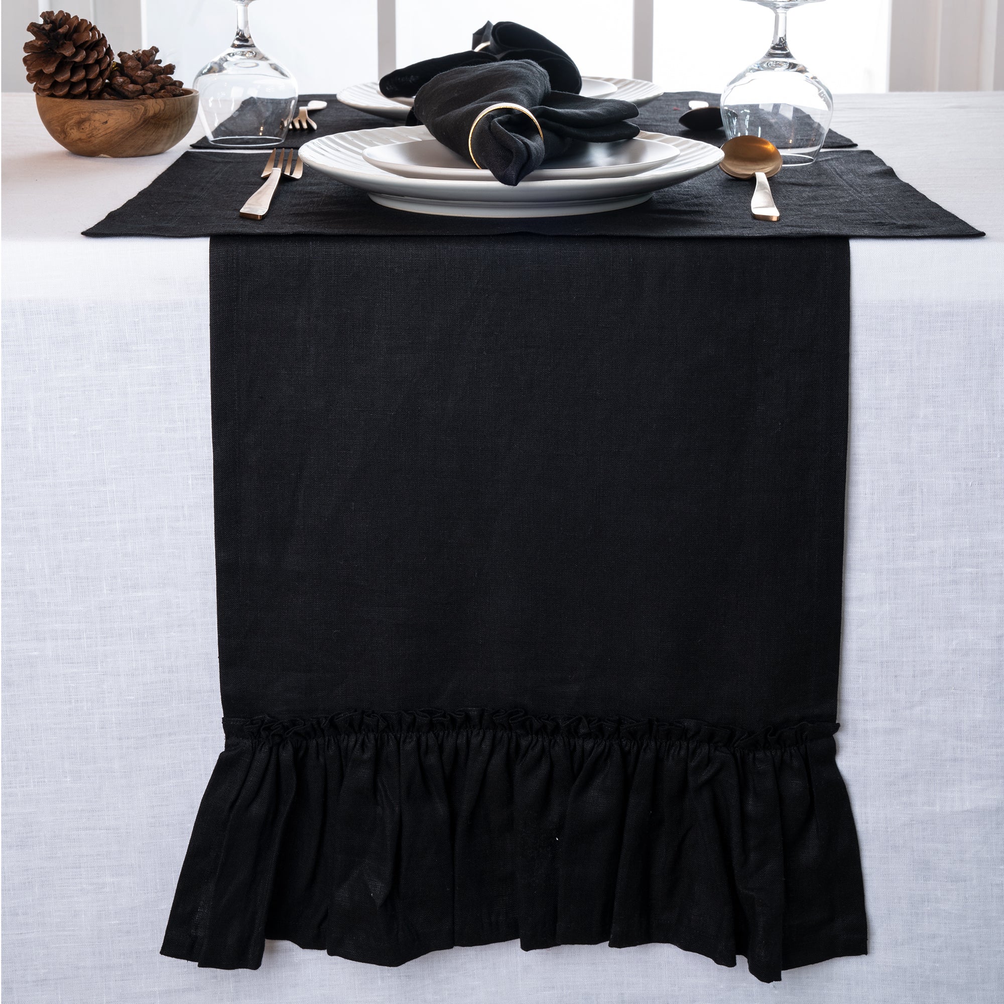 Black Pure Linen Table Runner - Ruffle