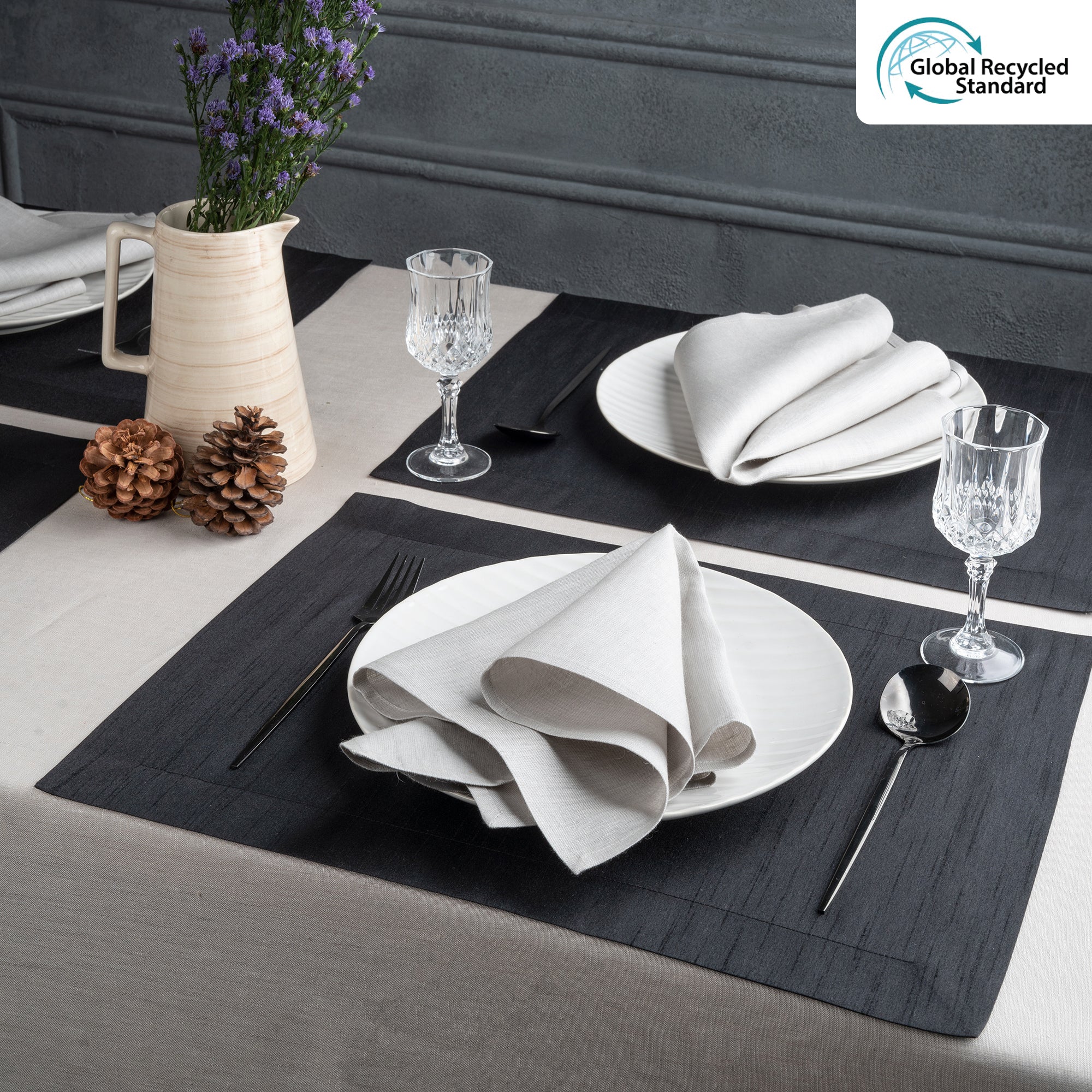 Black Vegan Silk Placemats, Mitered Corner, 14 x 19 inch, 4 pcs