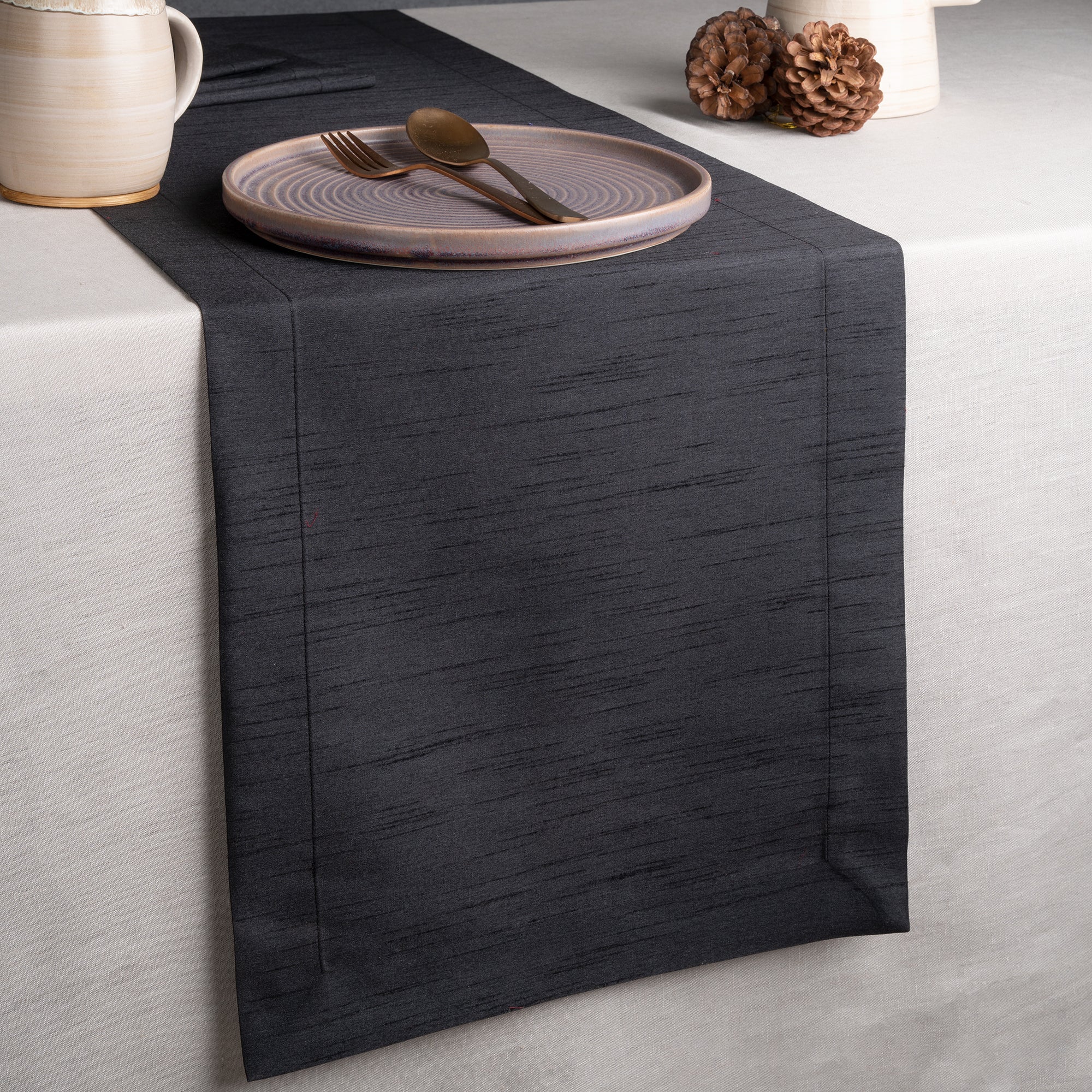 Black Table Runner, Vegan Silk, Mitered Corner