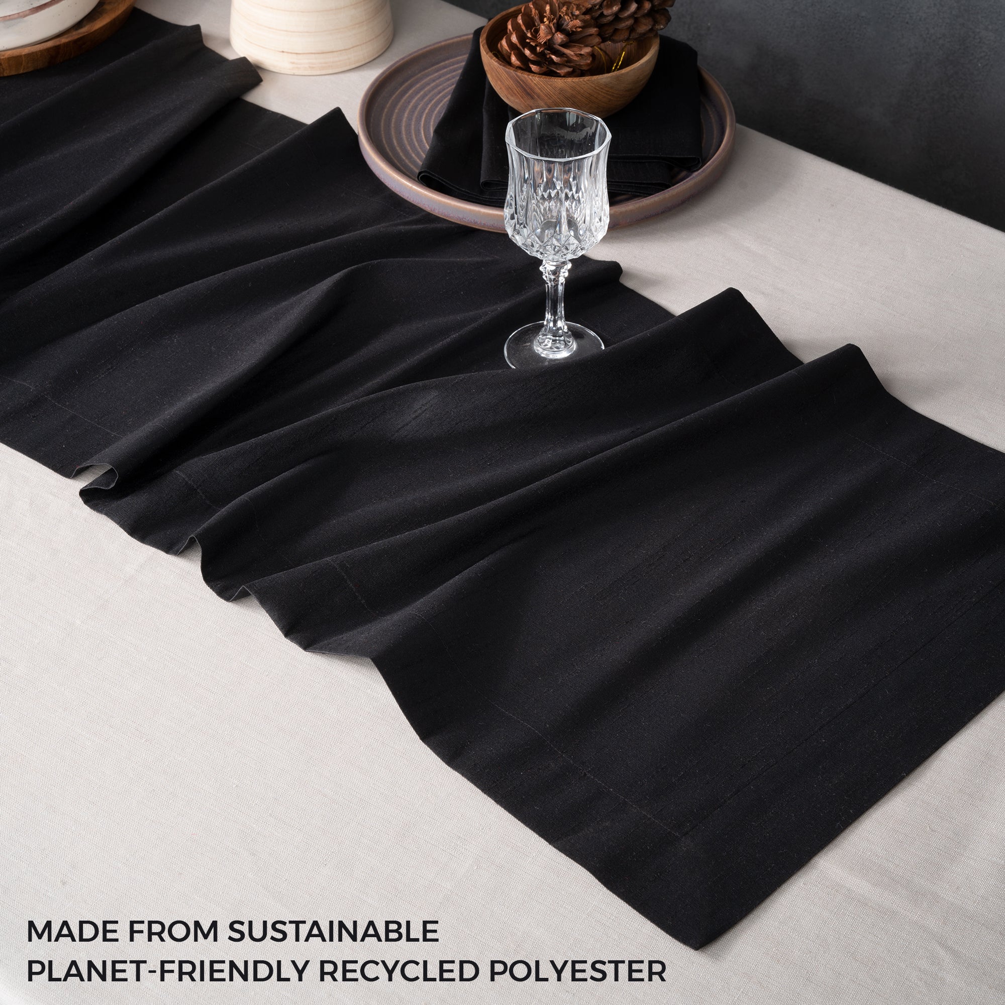 Black Table Runner, Vegan Silk, Mitered Corner