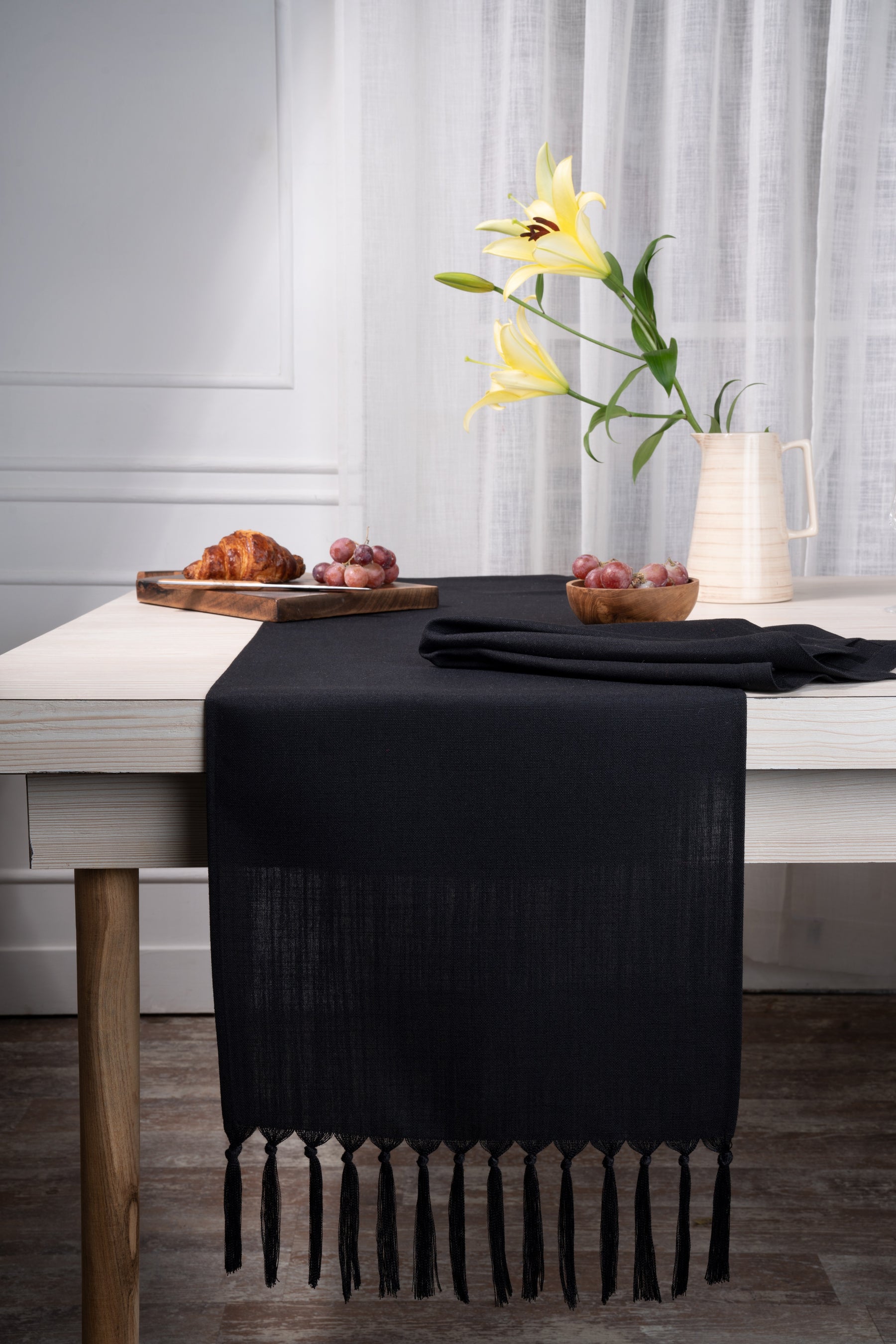 Black Linen Textured Table Runner - Tassel