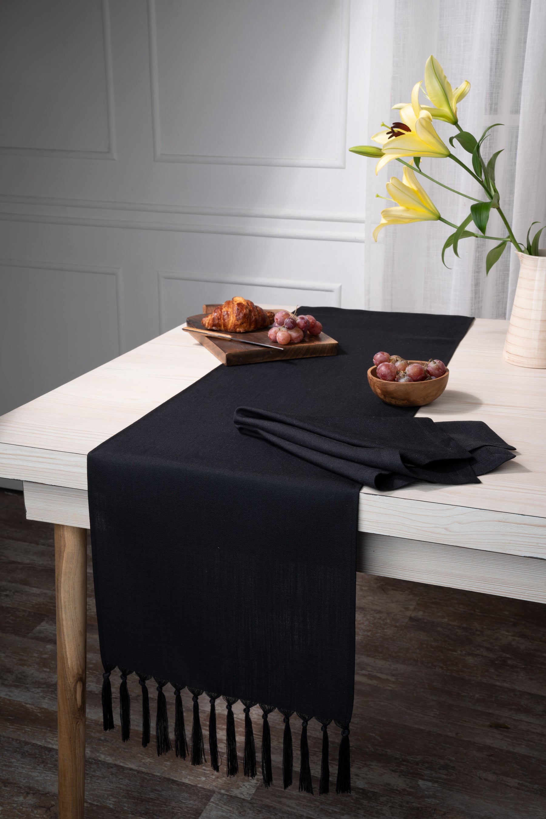 Black Linen Textured Table Runner - Tassel