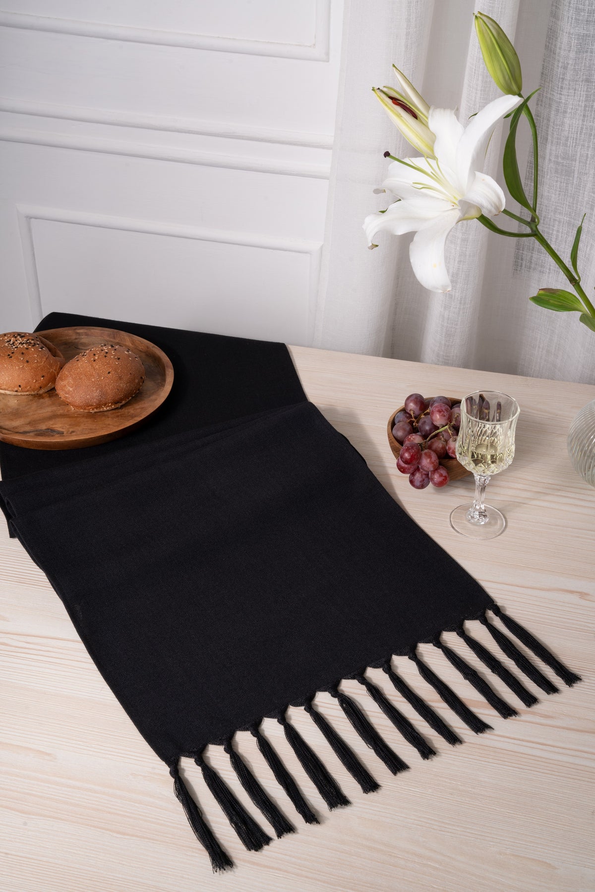 Black Linen Textured Table Runner - Tassel