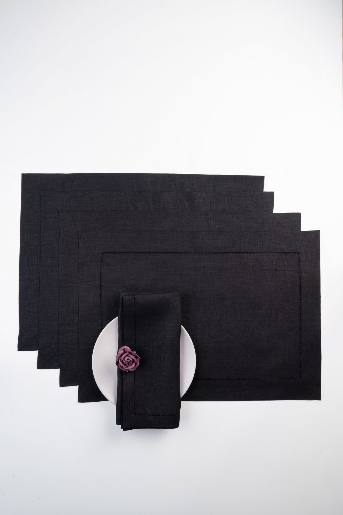 Black Linen Placemats 14 x 19 Inch Set of 6 - Hemstitch