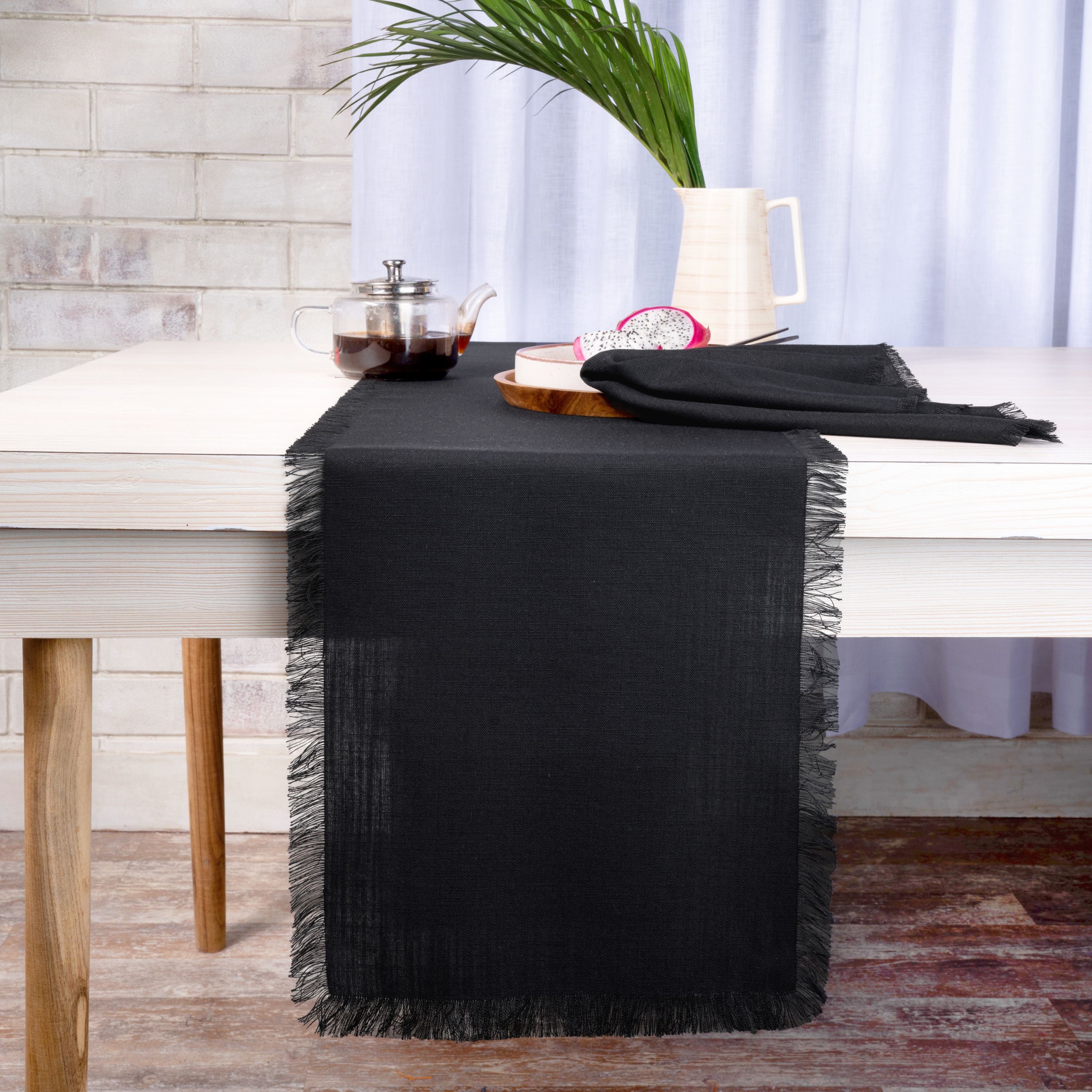 Black Table Runner, Faux Linen, Fringe