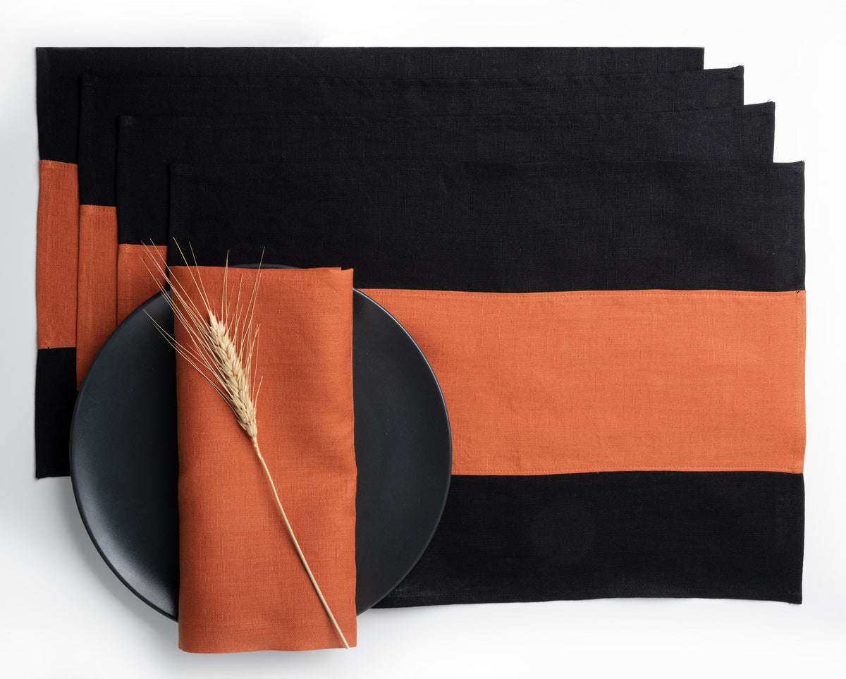 Black and Rust Linen Placemats 12 x 18 Inch Set of 4 - Splicing