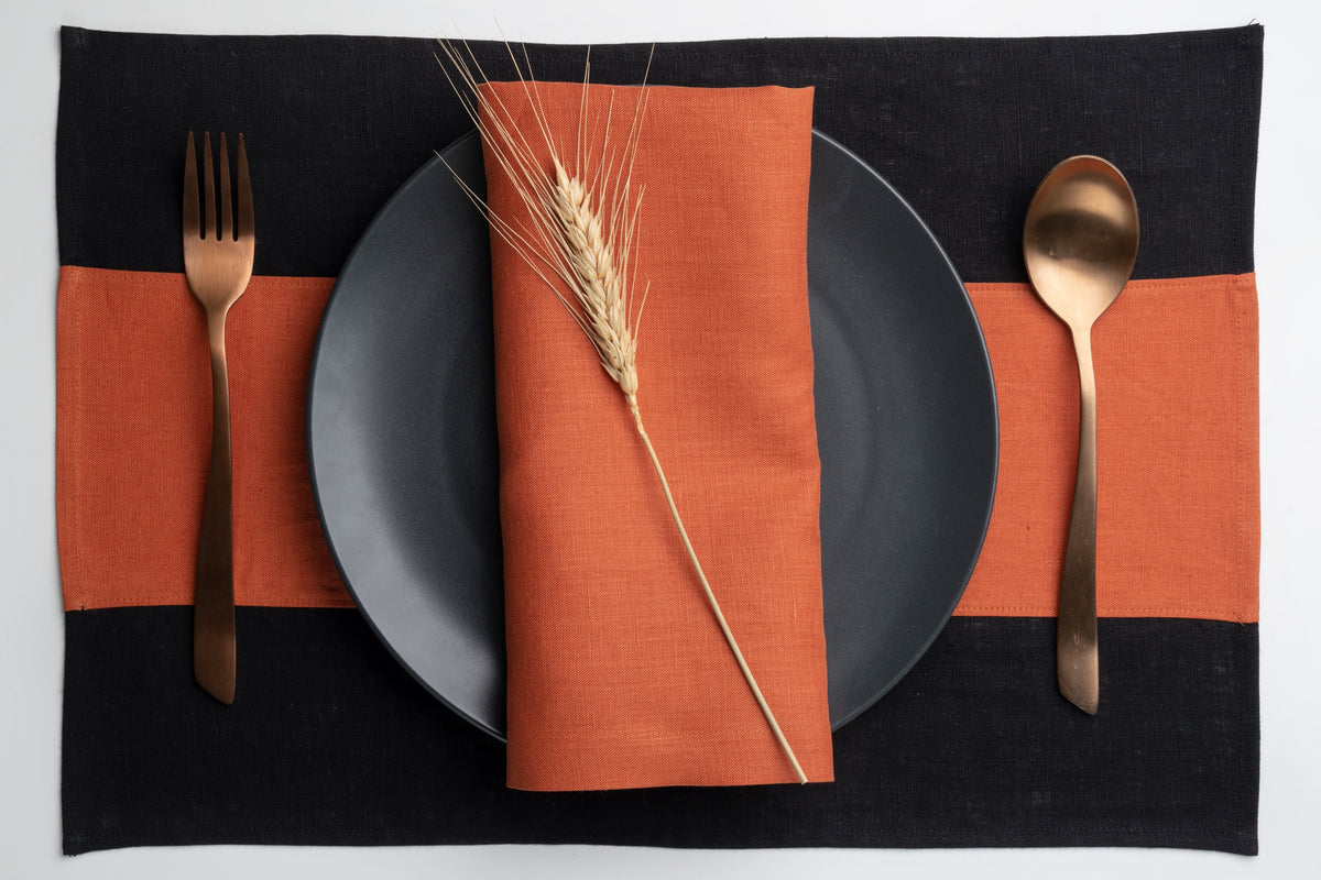 Black and Rust Linen Placemats 12 x 18 Inch Set of 4 - Splicing