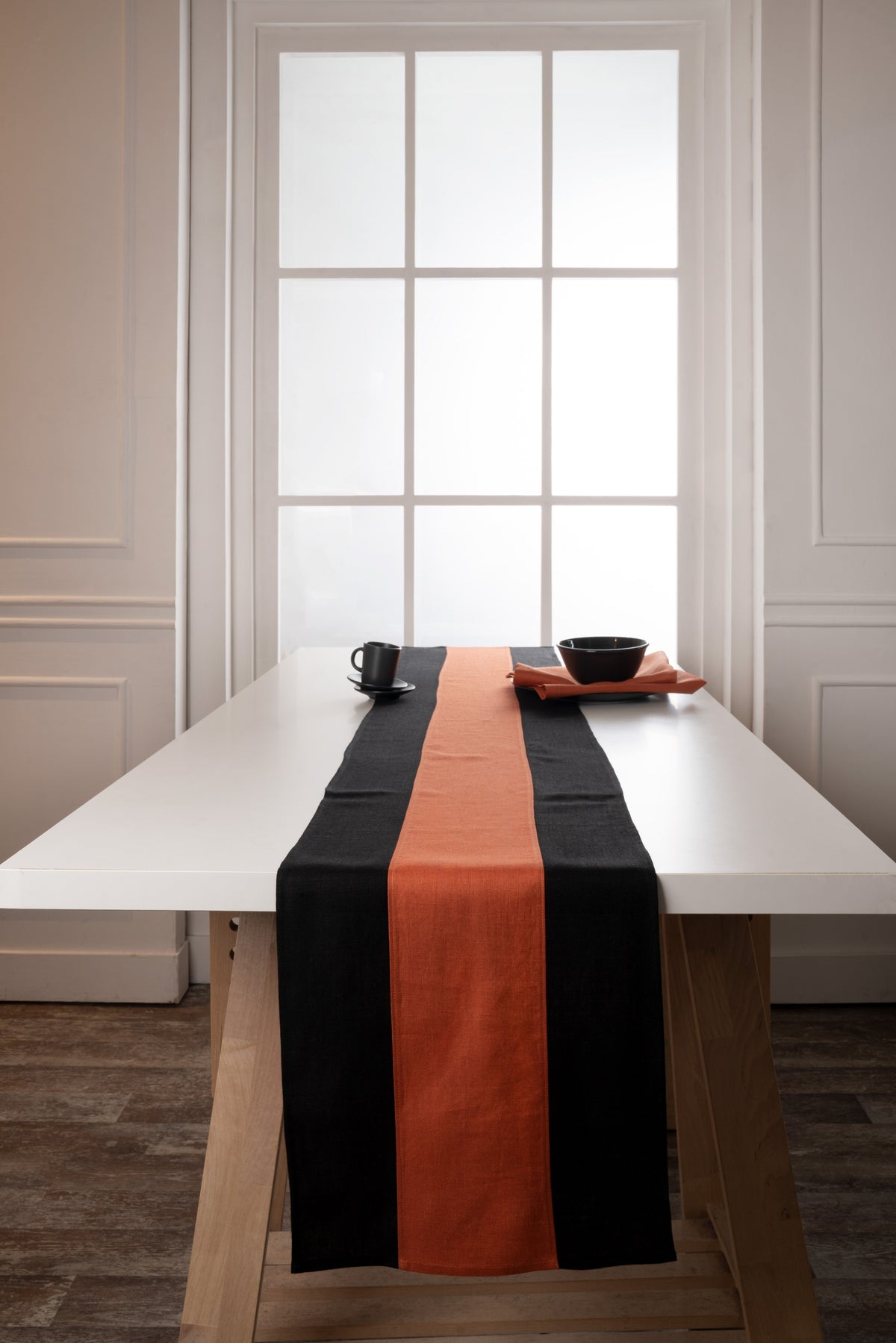 Black and Rust Linen Table Runner - Splicing