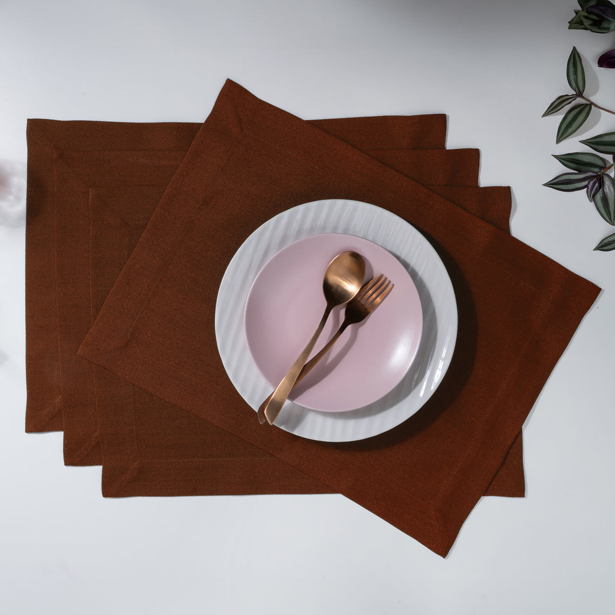 Brown Faux Linen Placemats 14 x 19 Inch Set of 4 - Mitered Corner