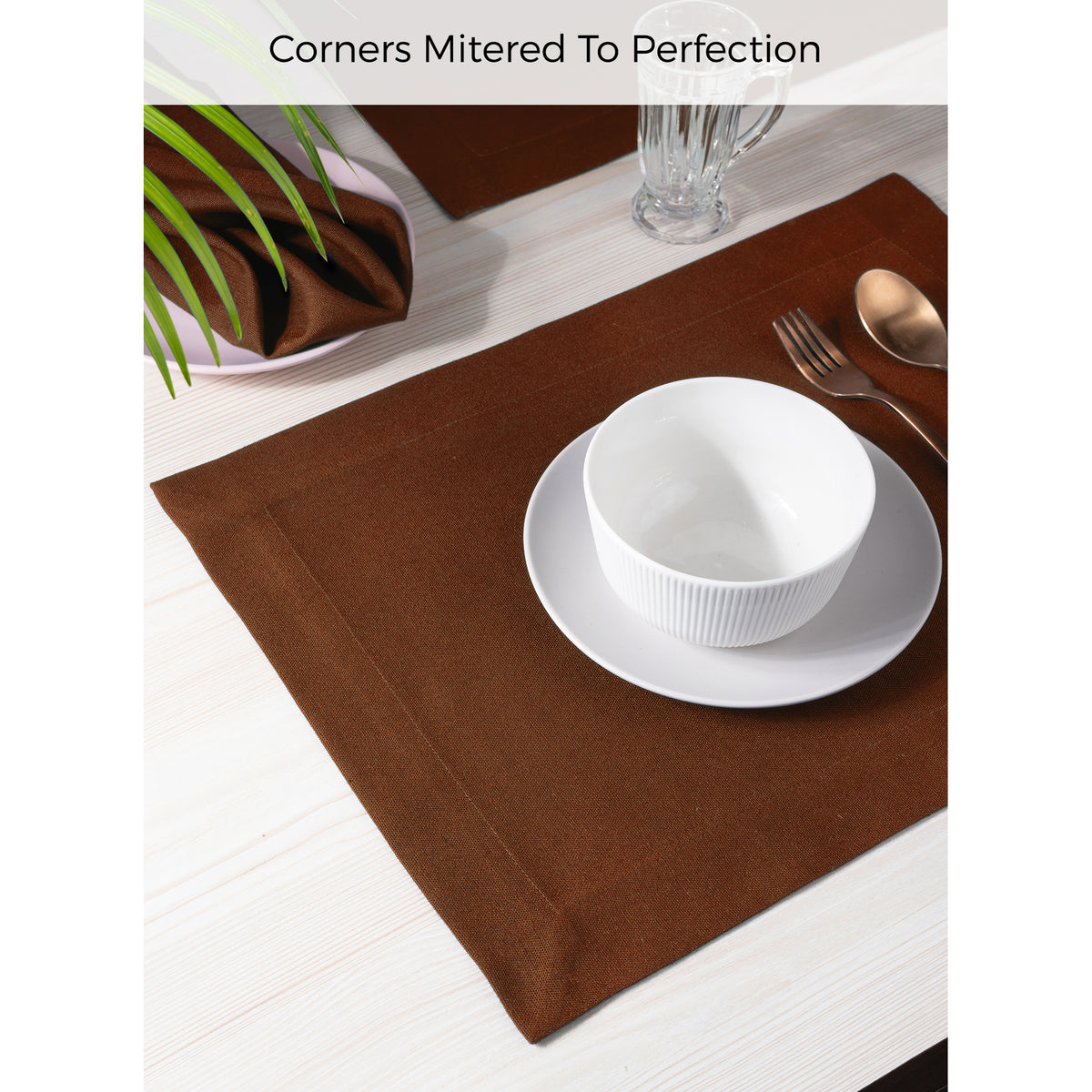 Brown Faux Linen Placemats 14 x 19 Inch Set of 4 - Mitered Corner