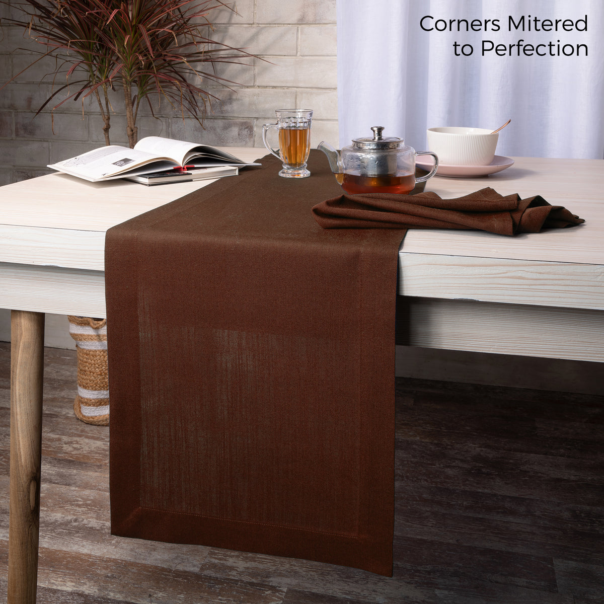 Brown Faux Linen Table Runner - Mitered Corner
