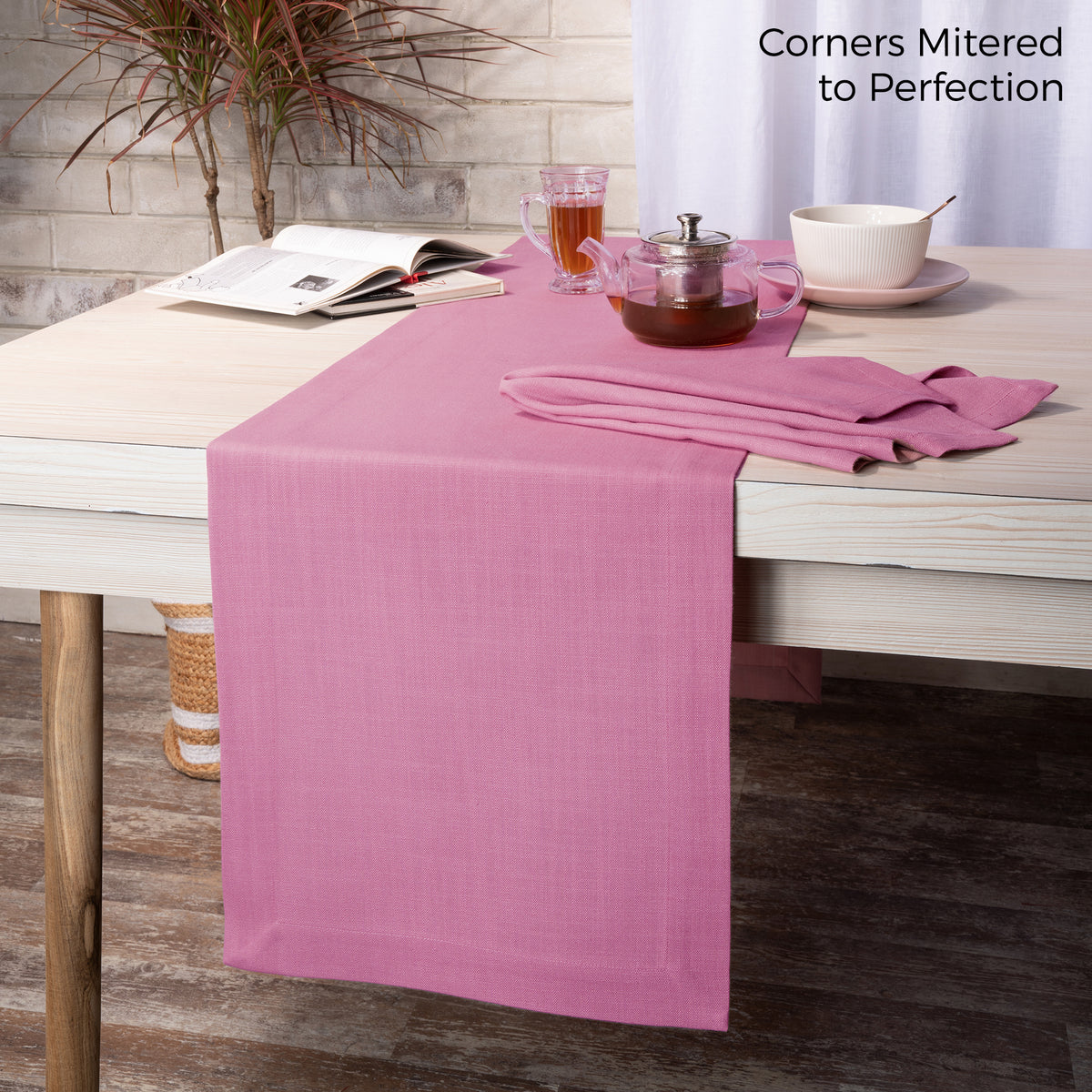 Bubblegum Pink Faux Linen Table Runner - Mitered Corner