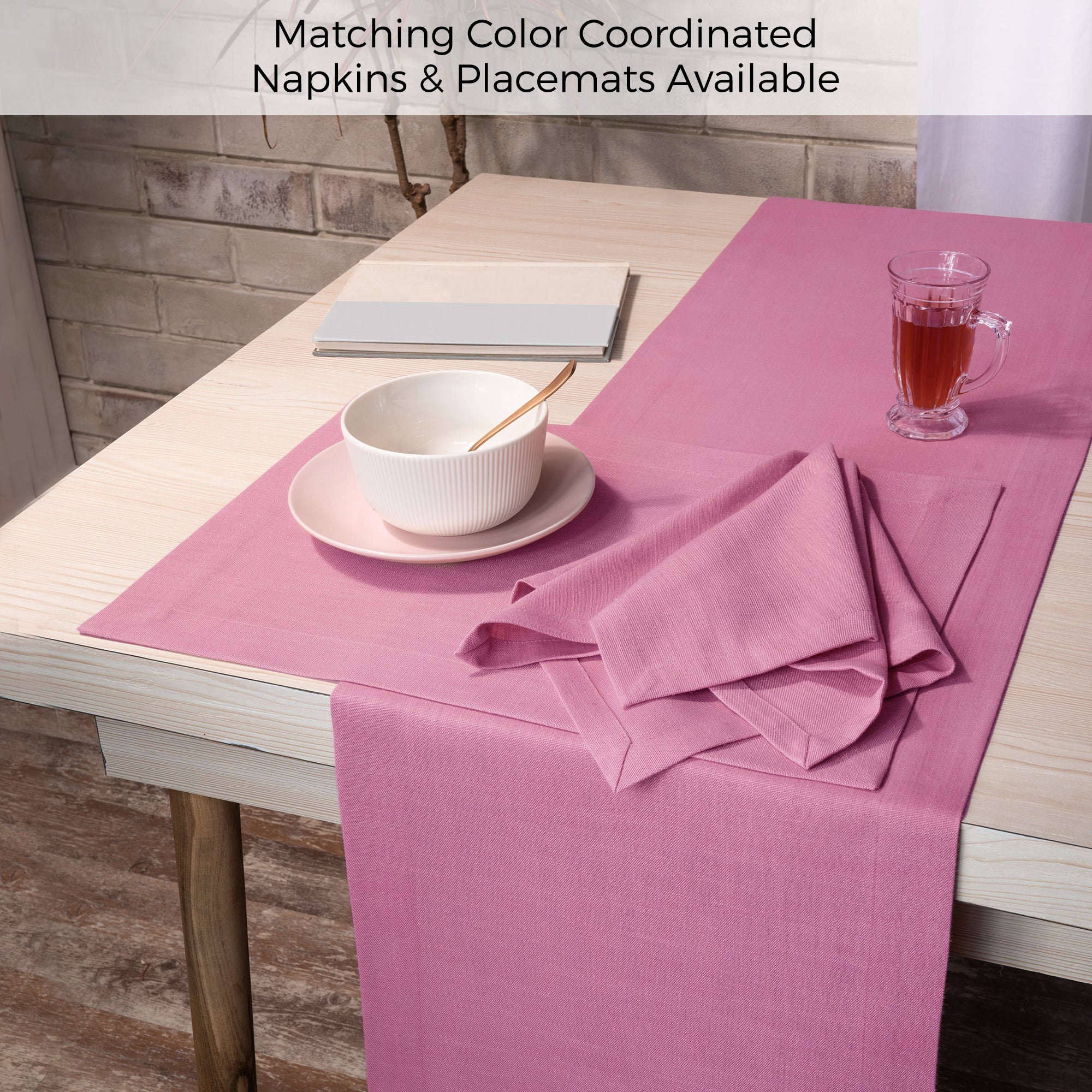 Bubblegum Pink Table Runner, Faux Linen, Mitered Corner