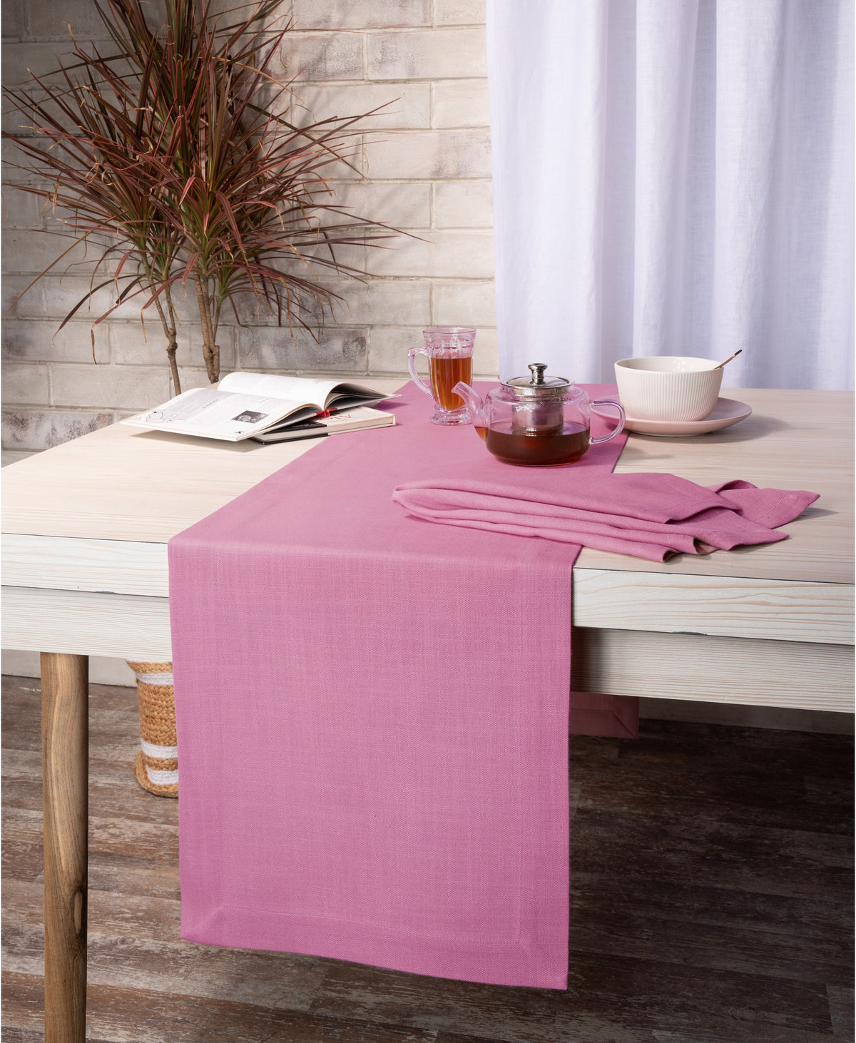 Bubblegum Pink Linen Textured Table Runner - Mitered Corner