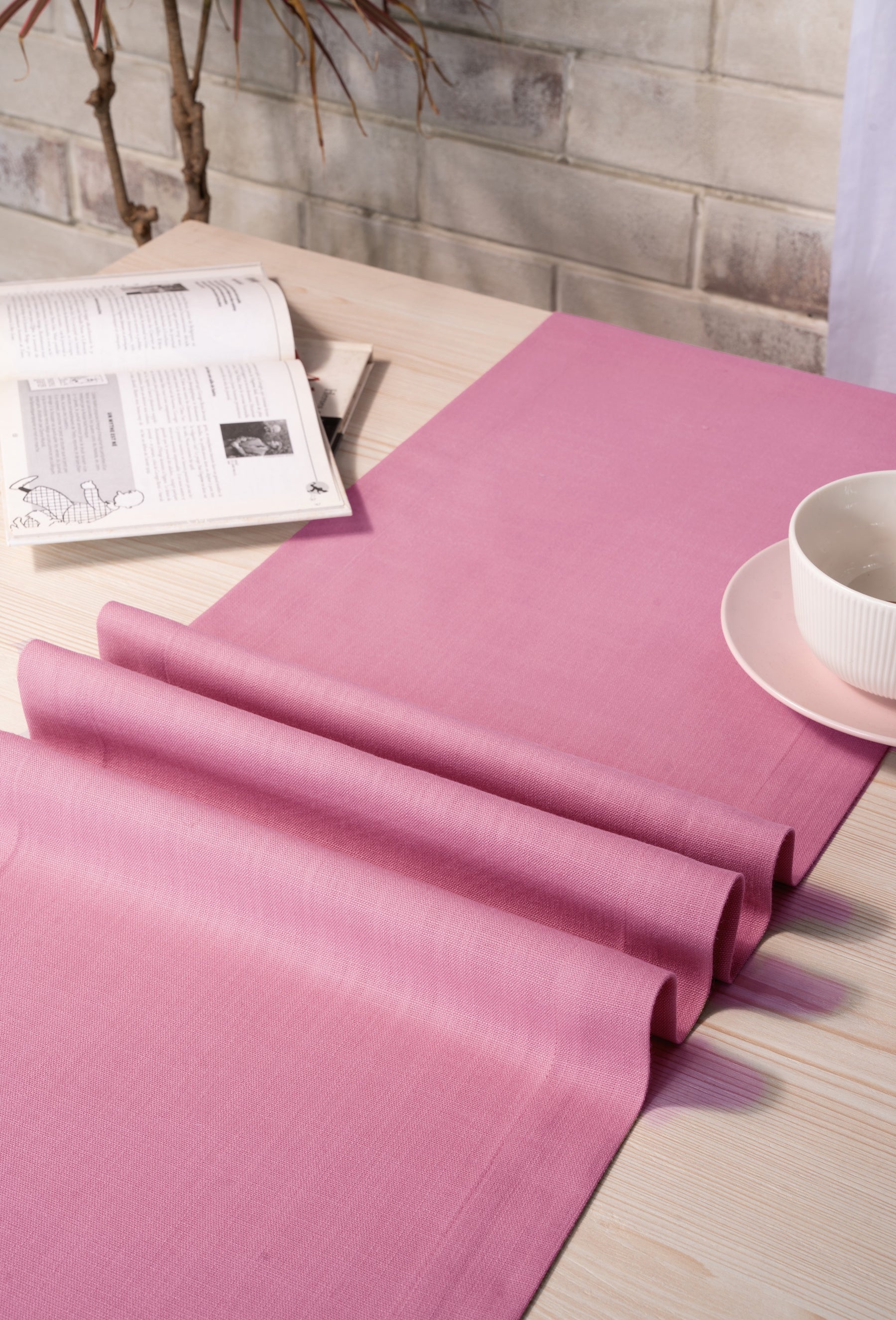 Bubblegum Pink Linen Textured Table Runner - Mitered Corner