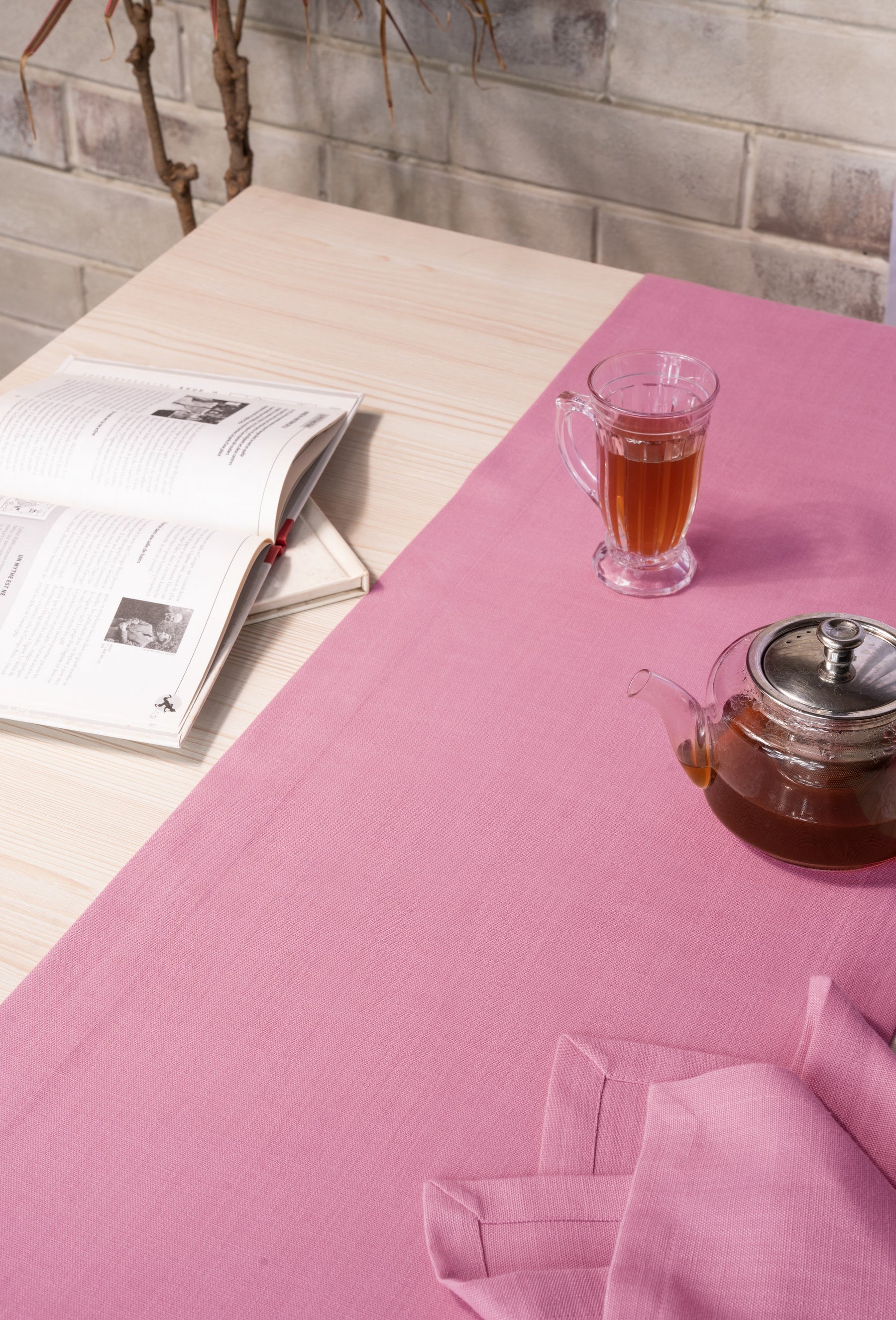 Bubblegum Pink Linen Look Recycled Fabric Mitered Corner Table Runner