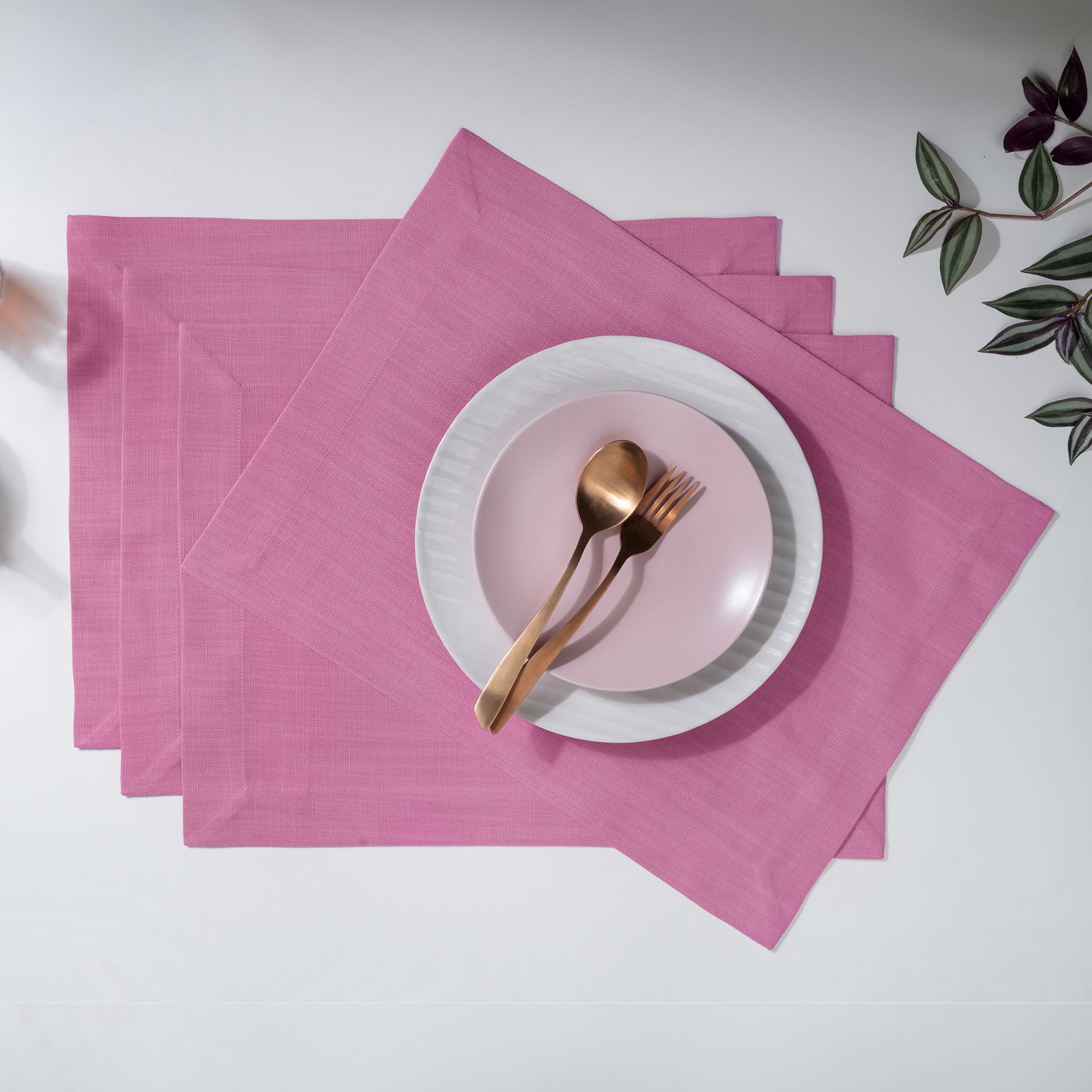 Bubblegum Pink Faux Linen Placemats, Mitered Corner, 14 x 19 inch, 4 pcs