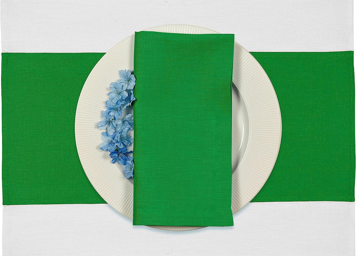 White and Green Linen Placemats 14 x 19 Inch Set of 4 - Splicing