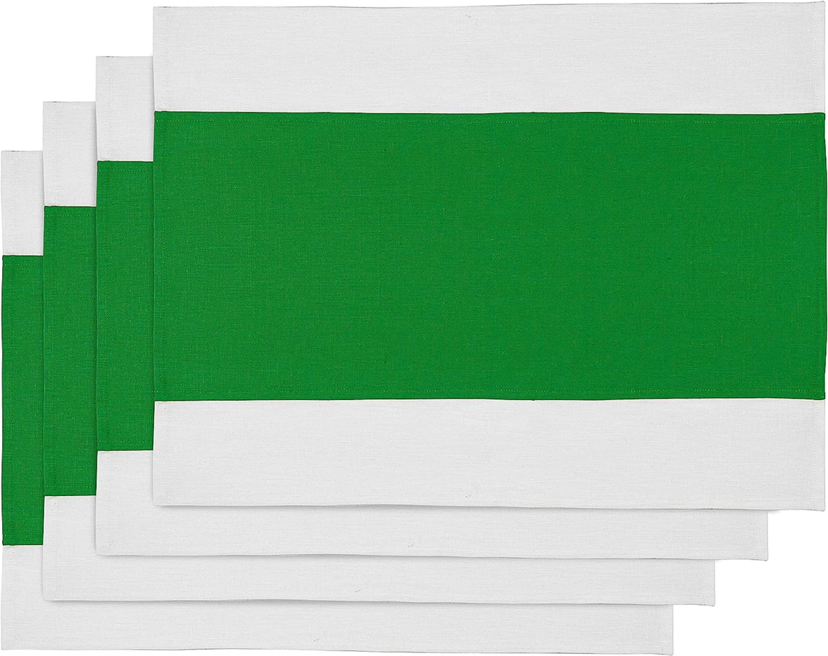 White and Green Linen Placemats 14 x 19 Inch Set of 4 - Splicing