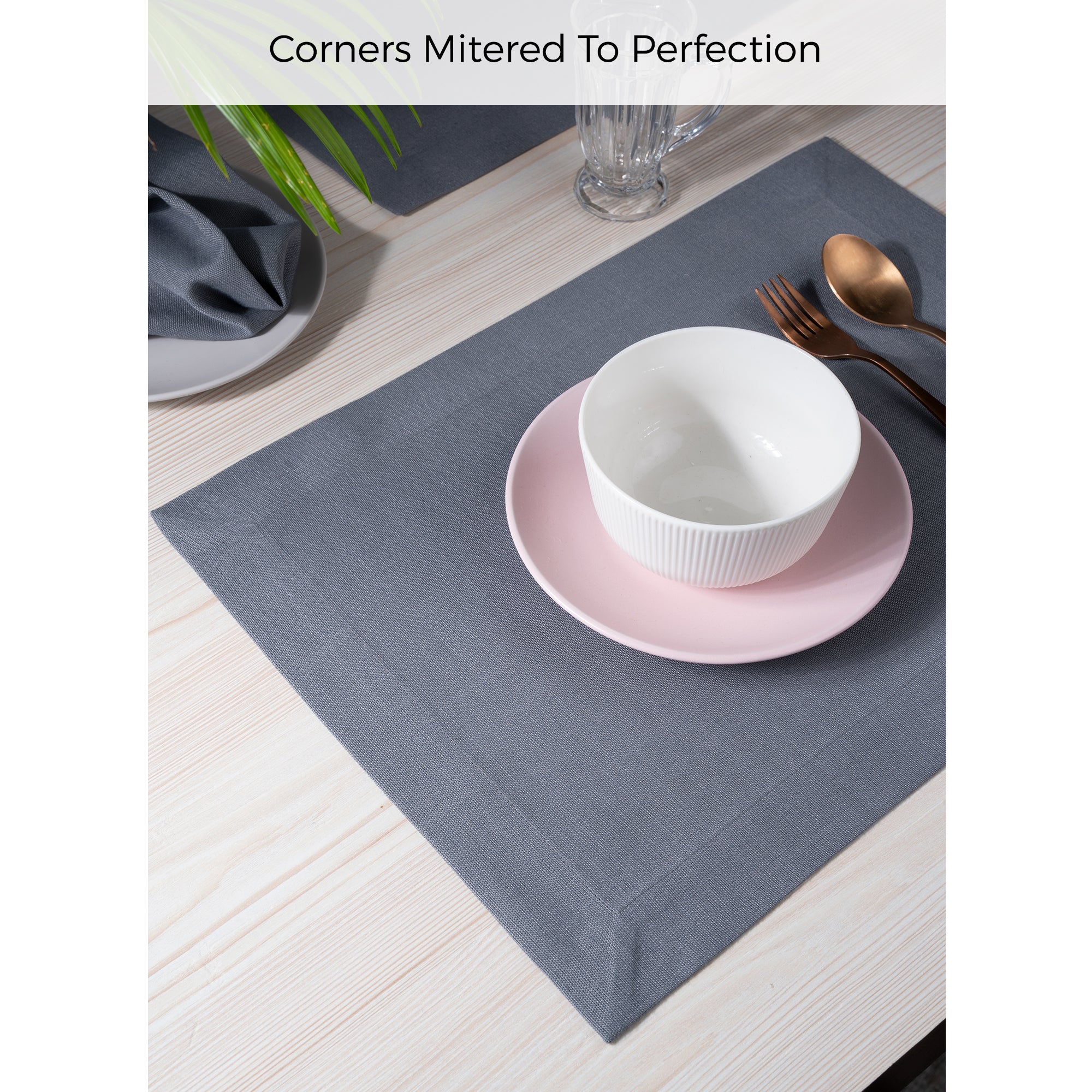 Charcoal Grey Faux Linen Placemats, Mitered Corner, 14 x 19 inch, 4 pcs