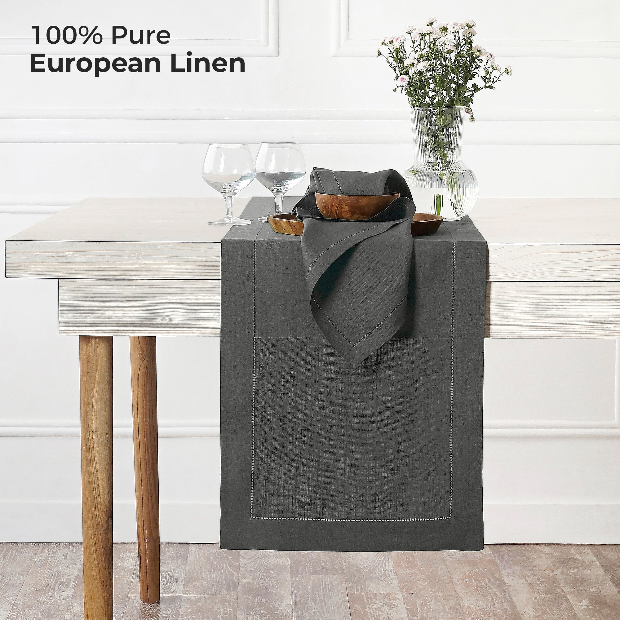 Charcoal Grey Linen Table Runner, Hemstitch