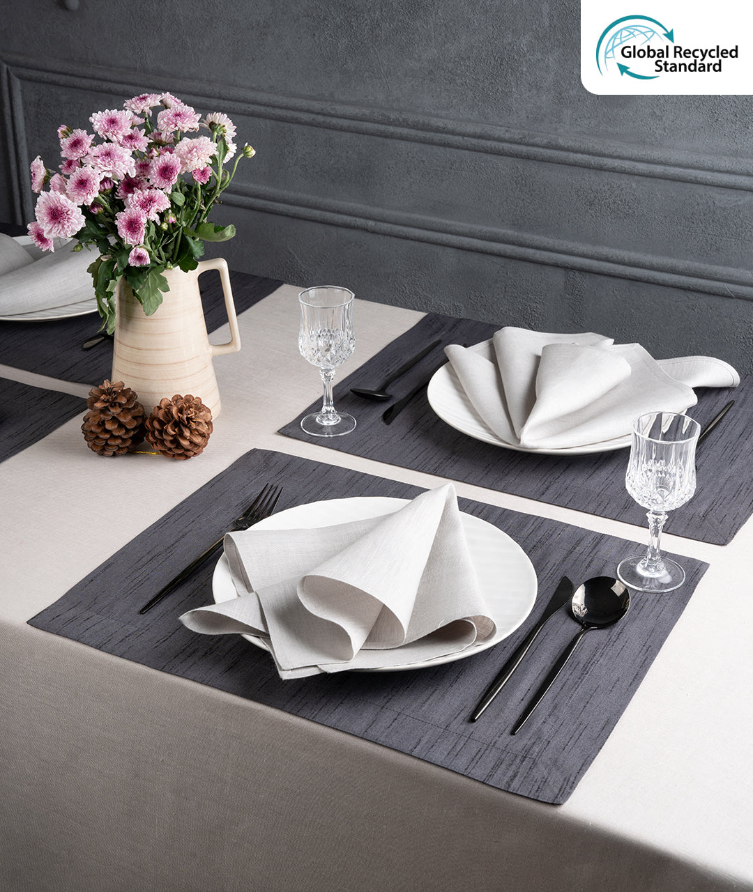 Charcoal Grey Silk Textured Placemats 14 x 19 Inch Set of 4 - Mitered Corner