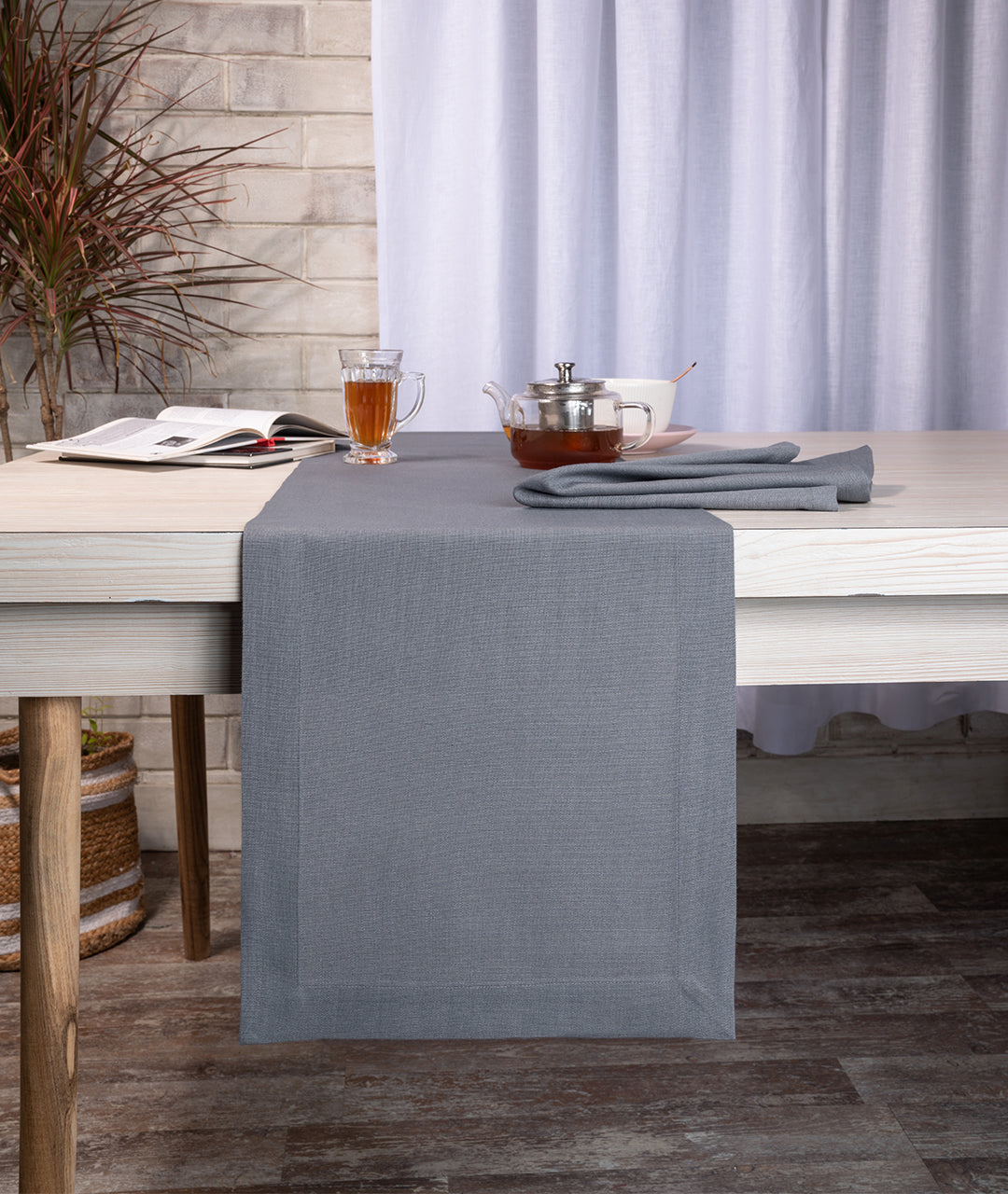 Charcoal Grey Linen Textured Table Runner - Mitered Corner
