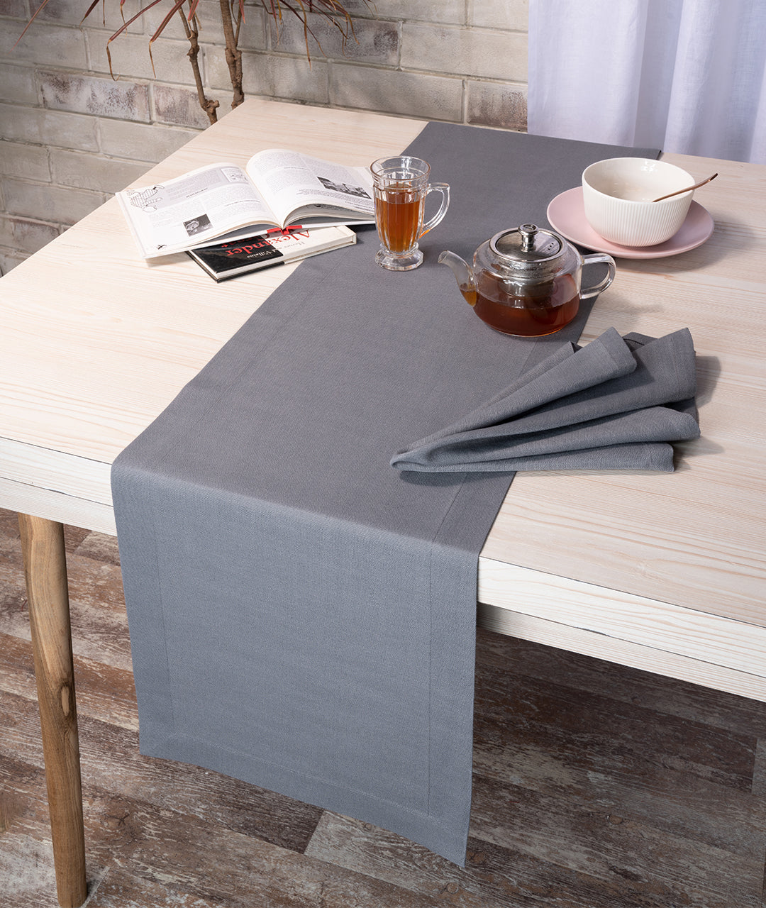 Charcoal Grey Linen Look Recycled Fabric Mitered Corner Table Runner