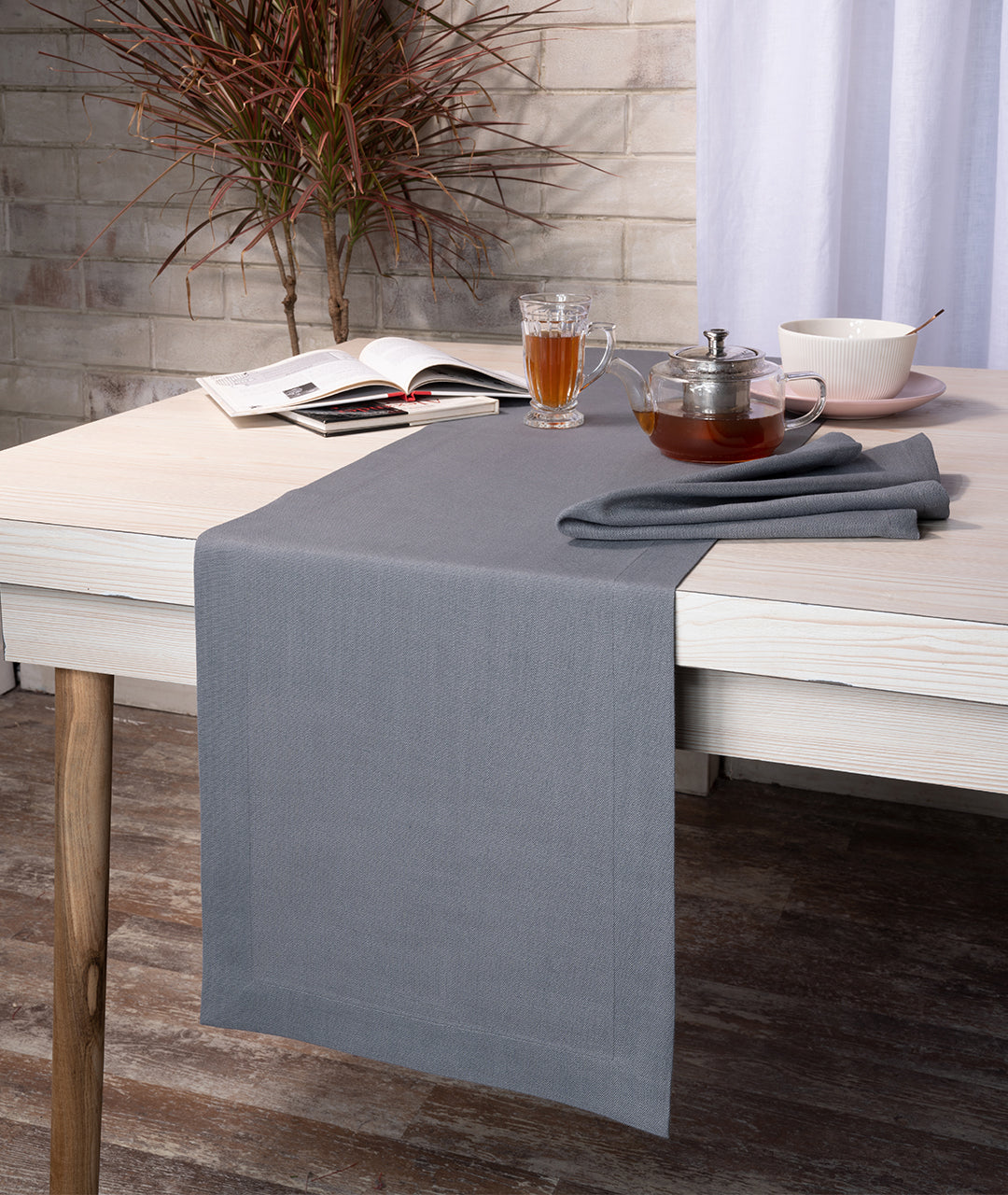 Charcoal Grey Linen Textured Table Runner - Mitered Corner