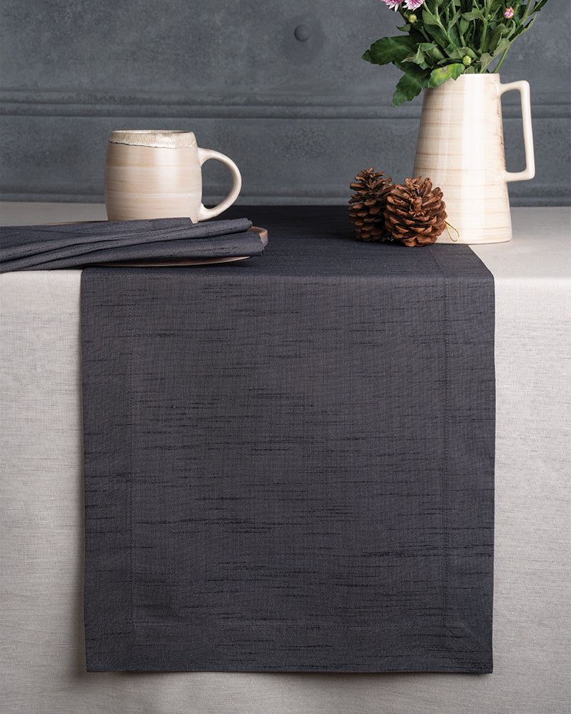 Charcoal Grey Silk Textured Table Runner - Mitered Corner