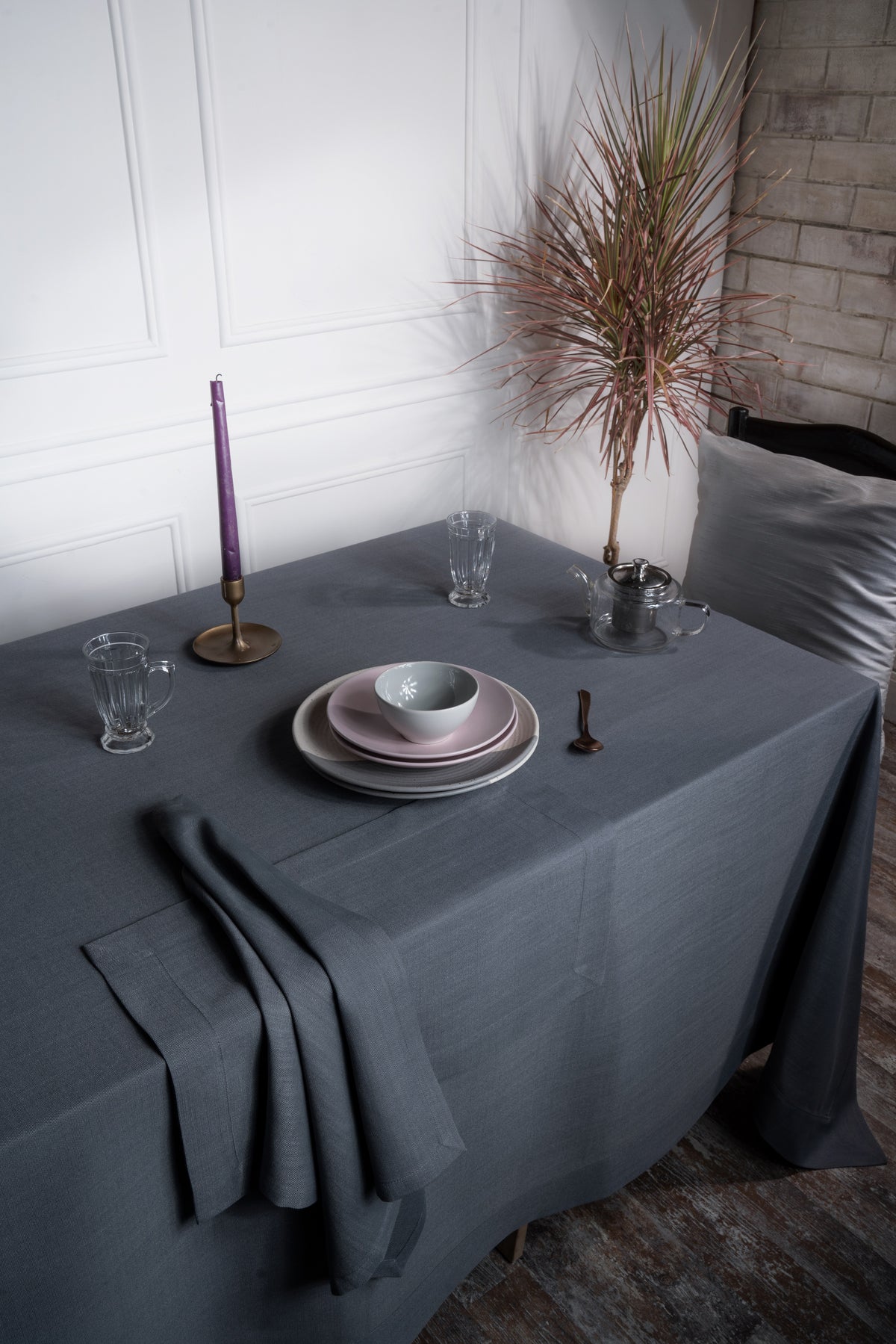 Charcoal Grey Linen Textured Tablecloth - Mitered Corner