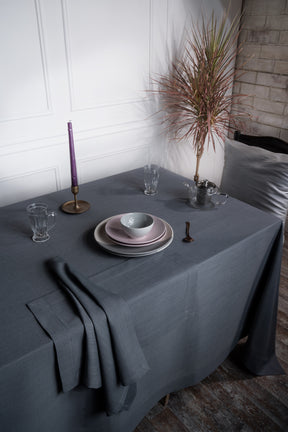Charcoal Grey Linen Look Recycled Fabric Mitered Corner Tablecloth