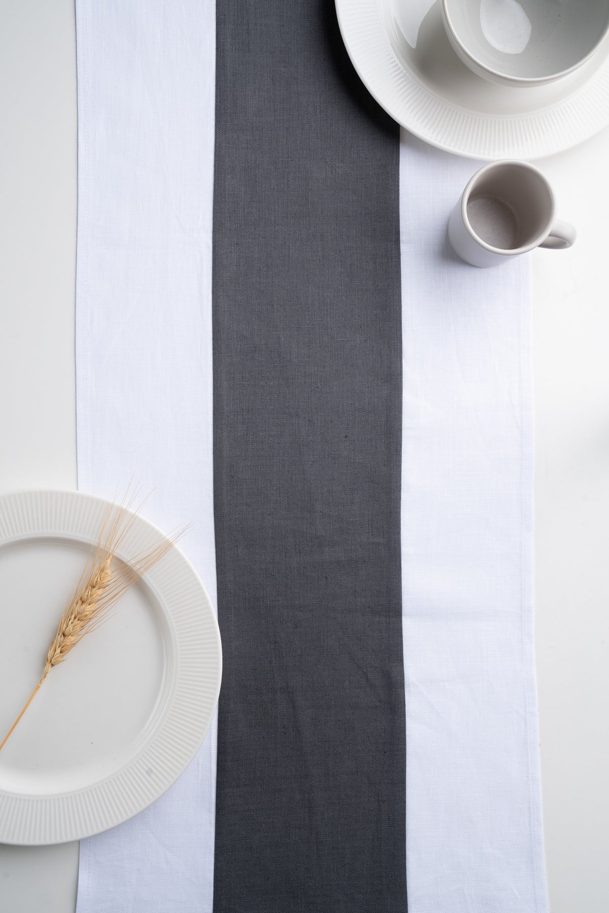 White and Charcoal Grey Linen Table Runner - Splicing
