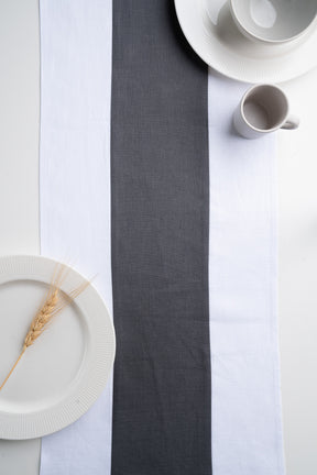 Splicing Linen Table Runner - White and Charcoal grey