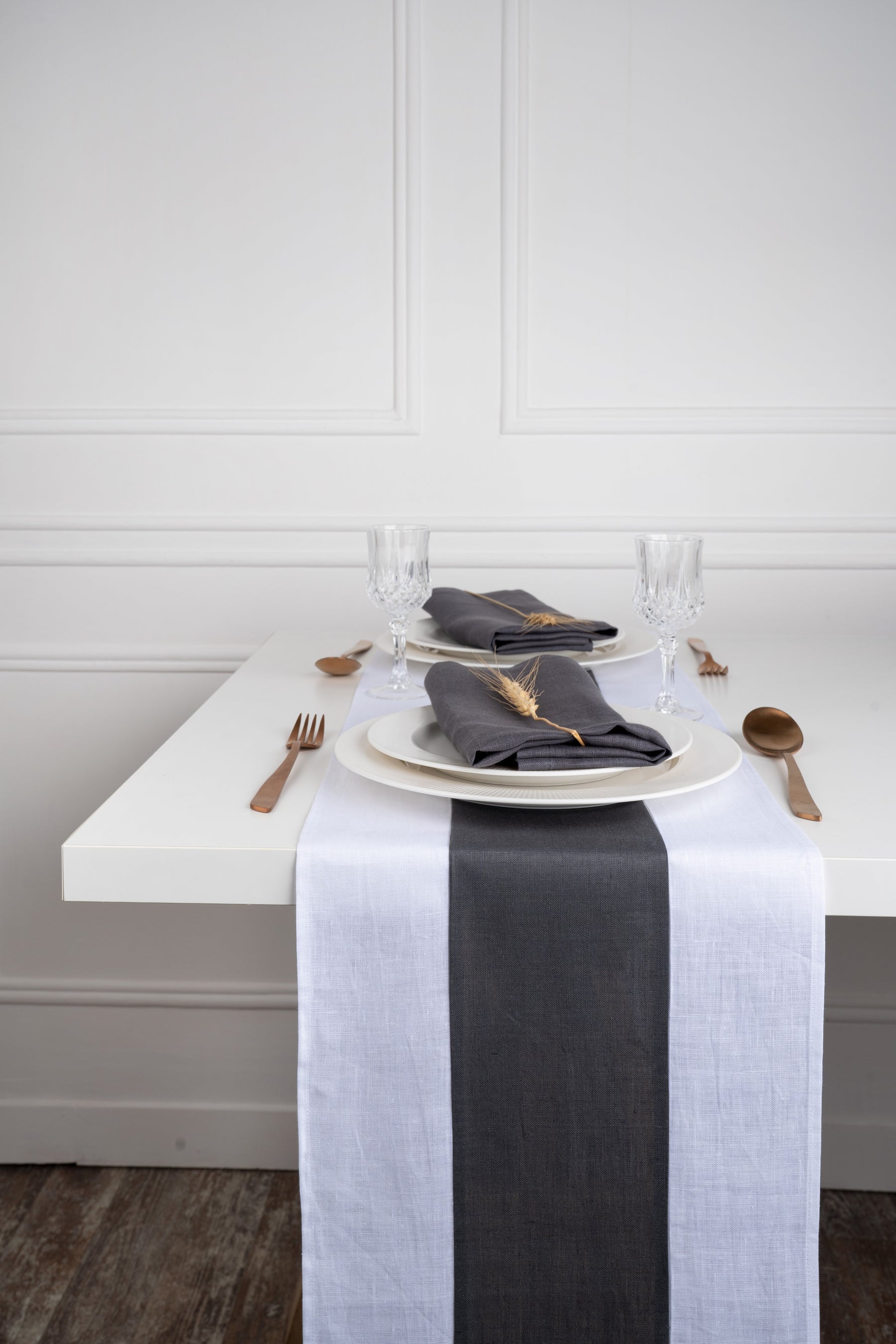 Splicing Linen Table Runner - White and Charcoal grey
